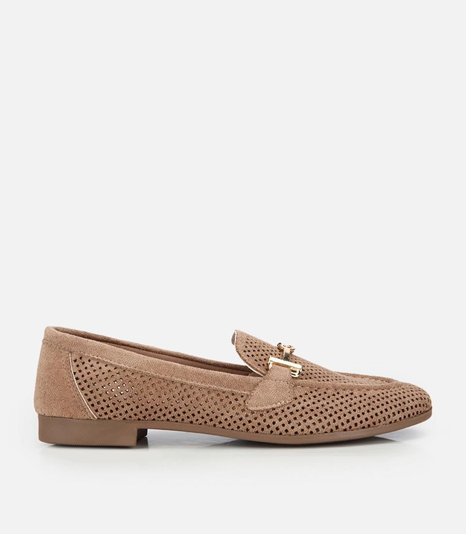 Kadın Vizon Süet Tokalı Zımba Detaylı Loafer