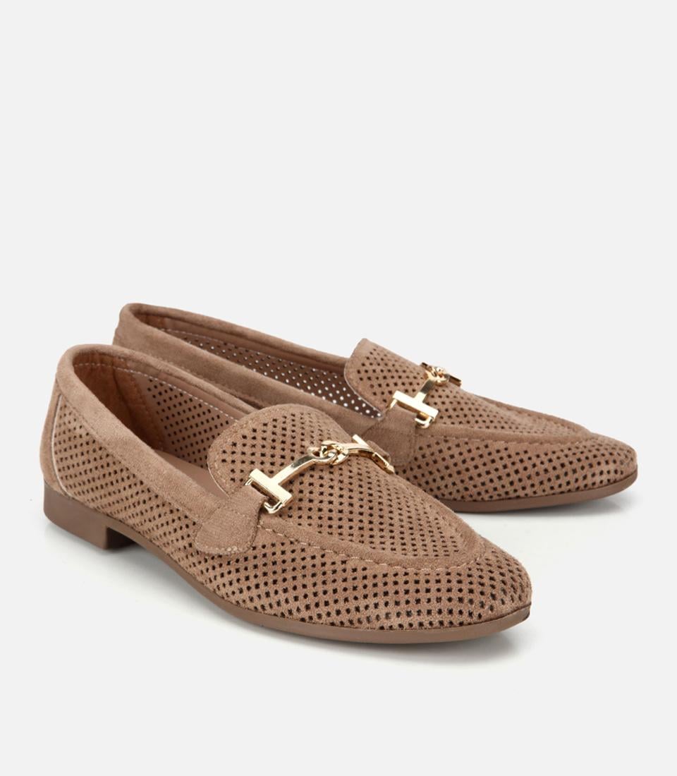Kadın Vizon Süet Tokalı Zımba Detaylı Loafer