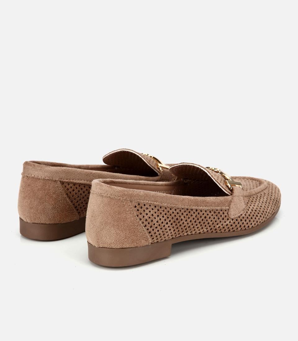 Kadın Vizon Süet Tokalı Zımba Detaylı Loafer