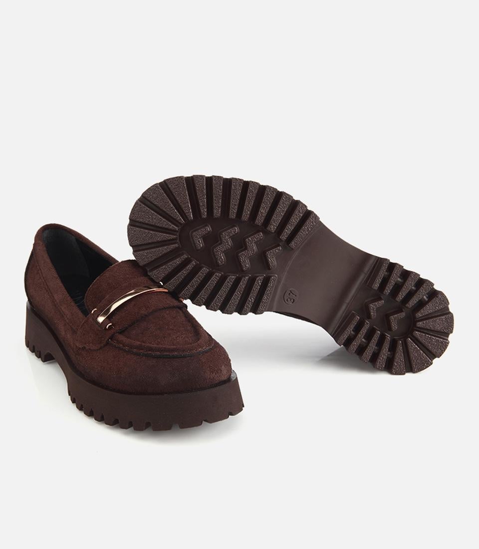 Kadın Kahverengi Süet Toka Detaylı Kalın Taban Loafer