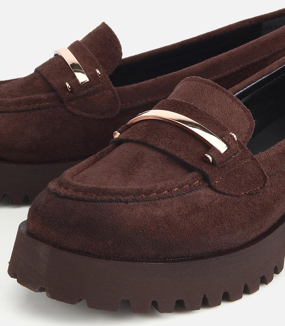Kadın Kahverengi Süet Toka Detaylı Kalın Taban Loafer