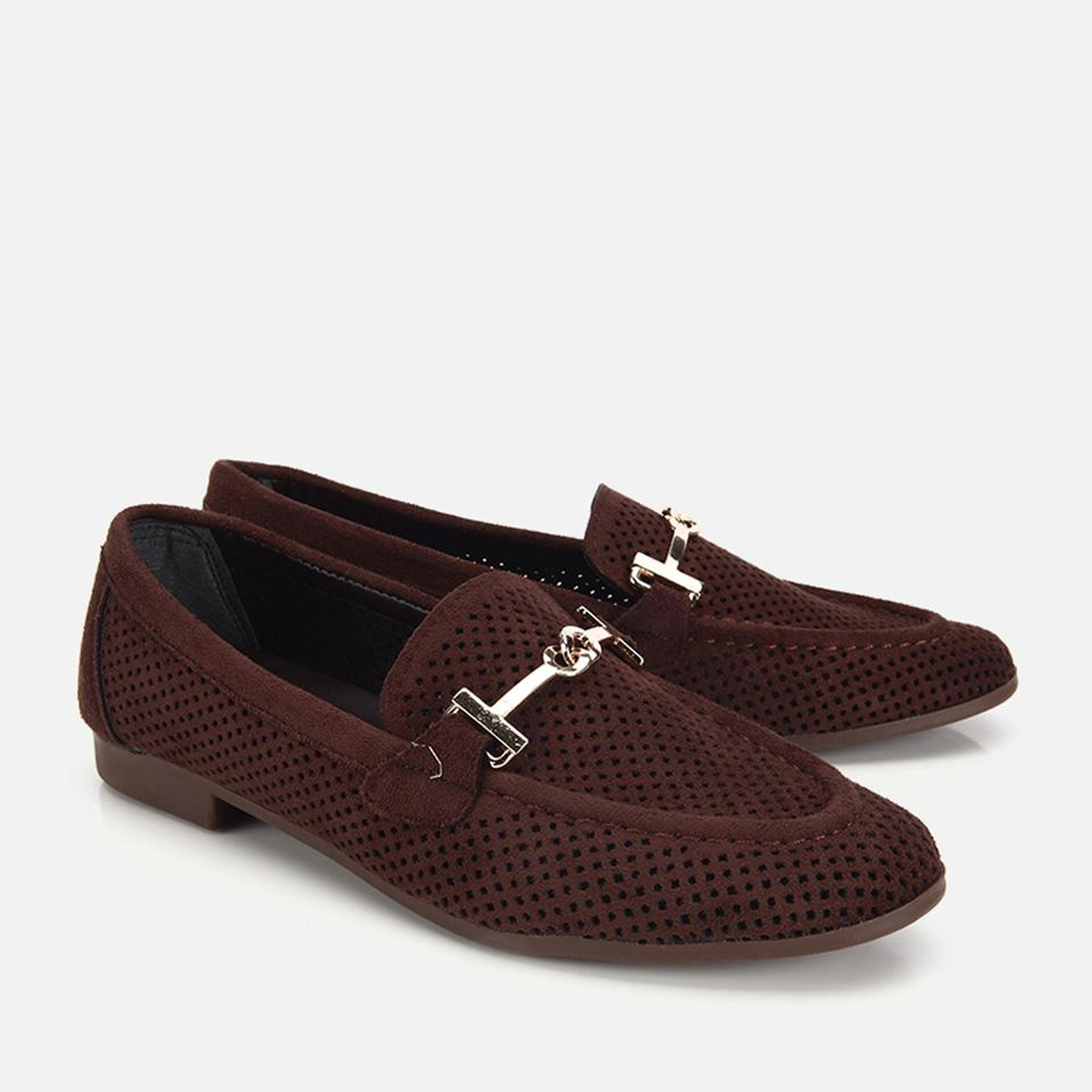 Kadın Kahverengi Süet Tokalı Zımba Detaylı Loafer
