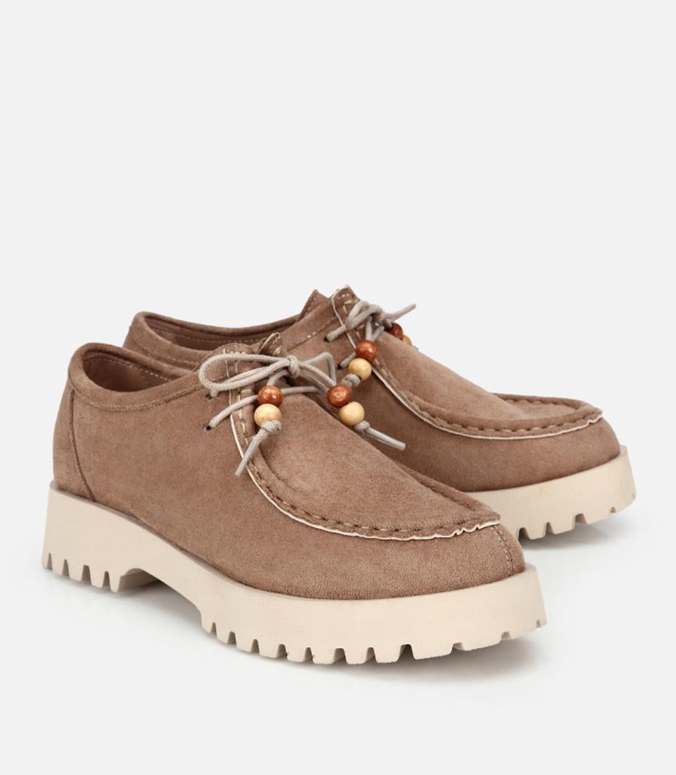 Kadın Bej Süet Bağcıklı Kalın Tabanlı Loafer