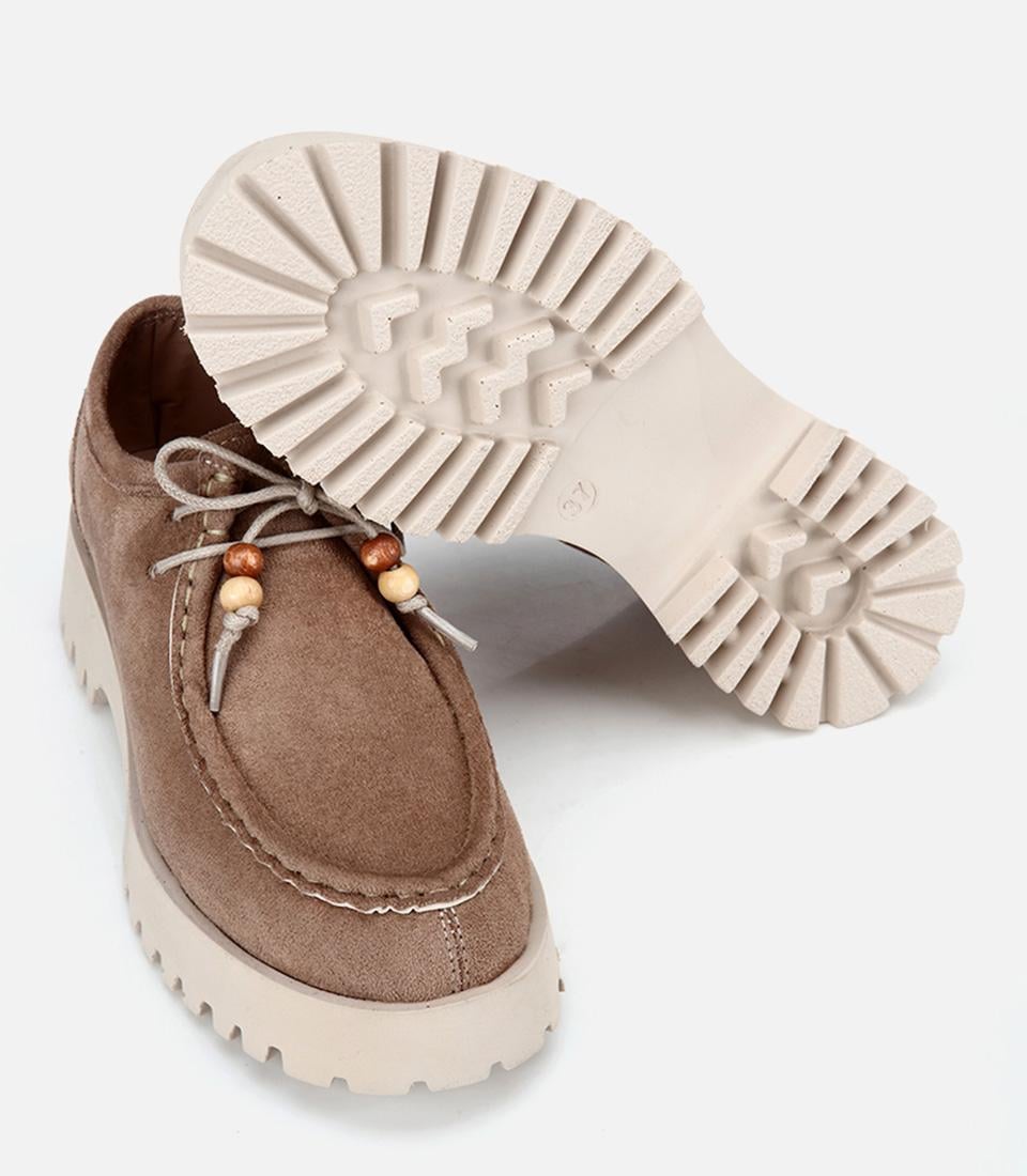 Kadın Bej Süet Bağcıklı Kalın Tabanlı Loafer