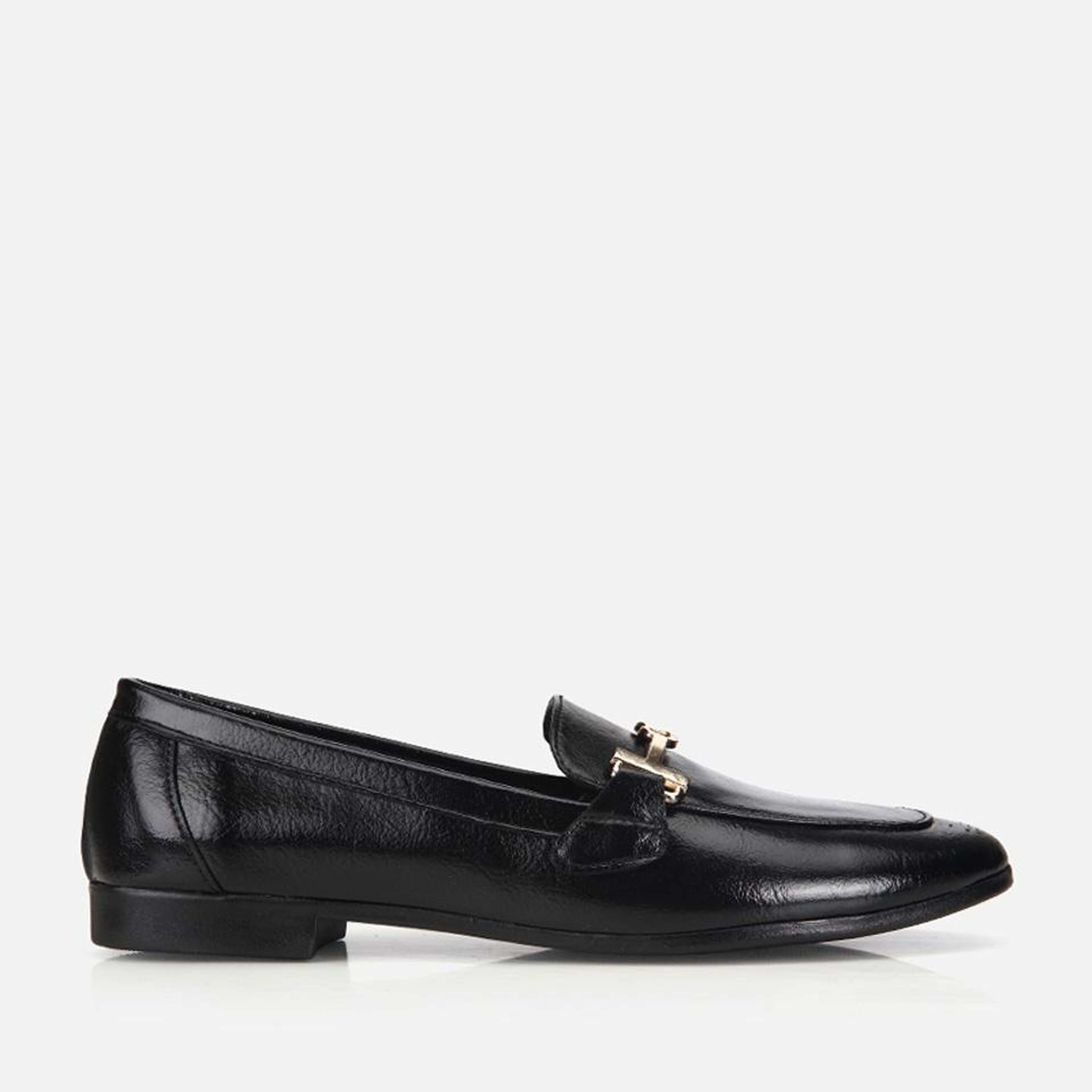 Kadın Siyah Rugan Gold Tokalı  Loafer