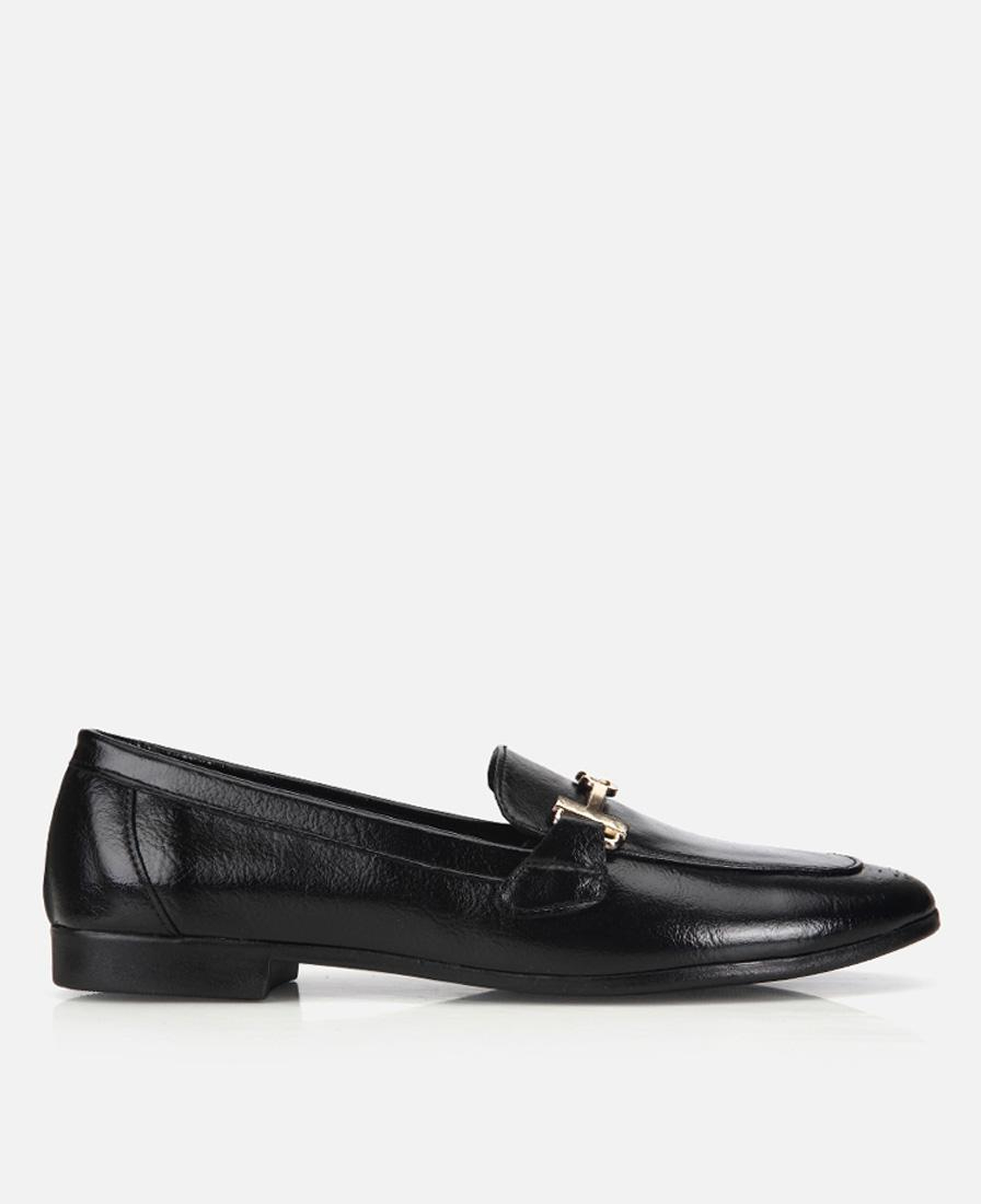 Kadın Siyah Rugan Gold Tokalı  Loafer