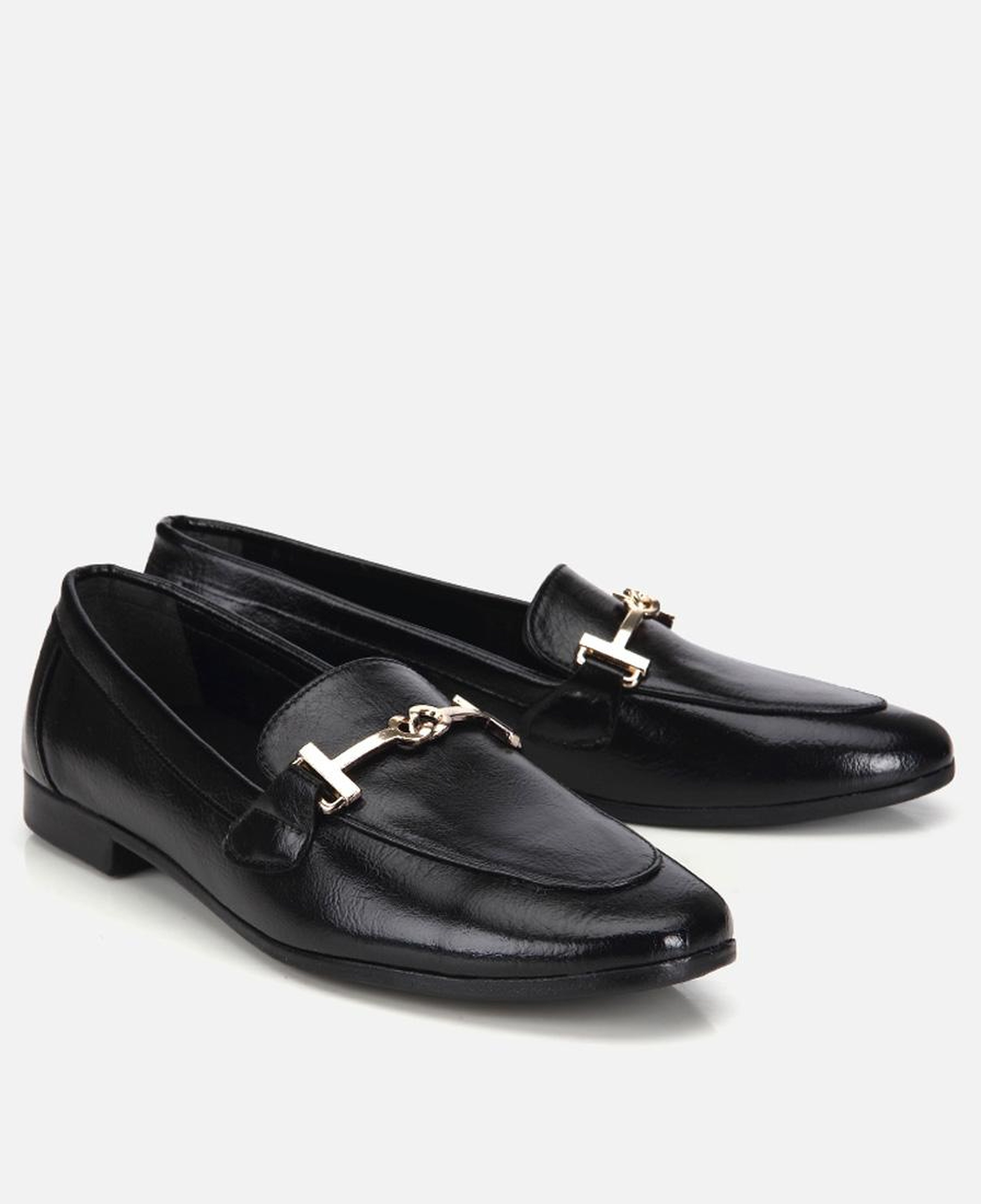 Kadın Siyah Rugan Gold Tokalı  Loafer
