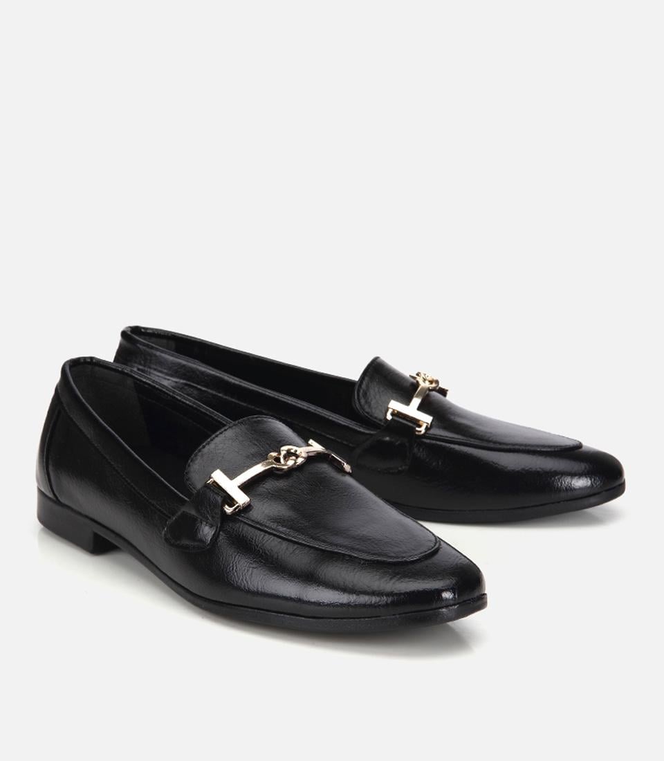 Kadın Siyah Rugan Gold Tokalı Loafer