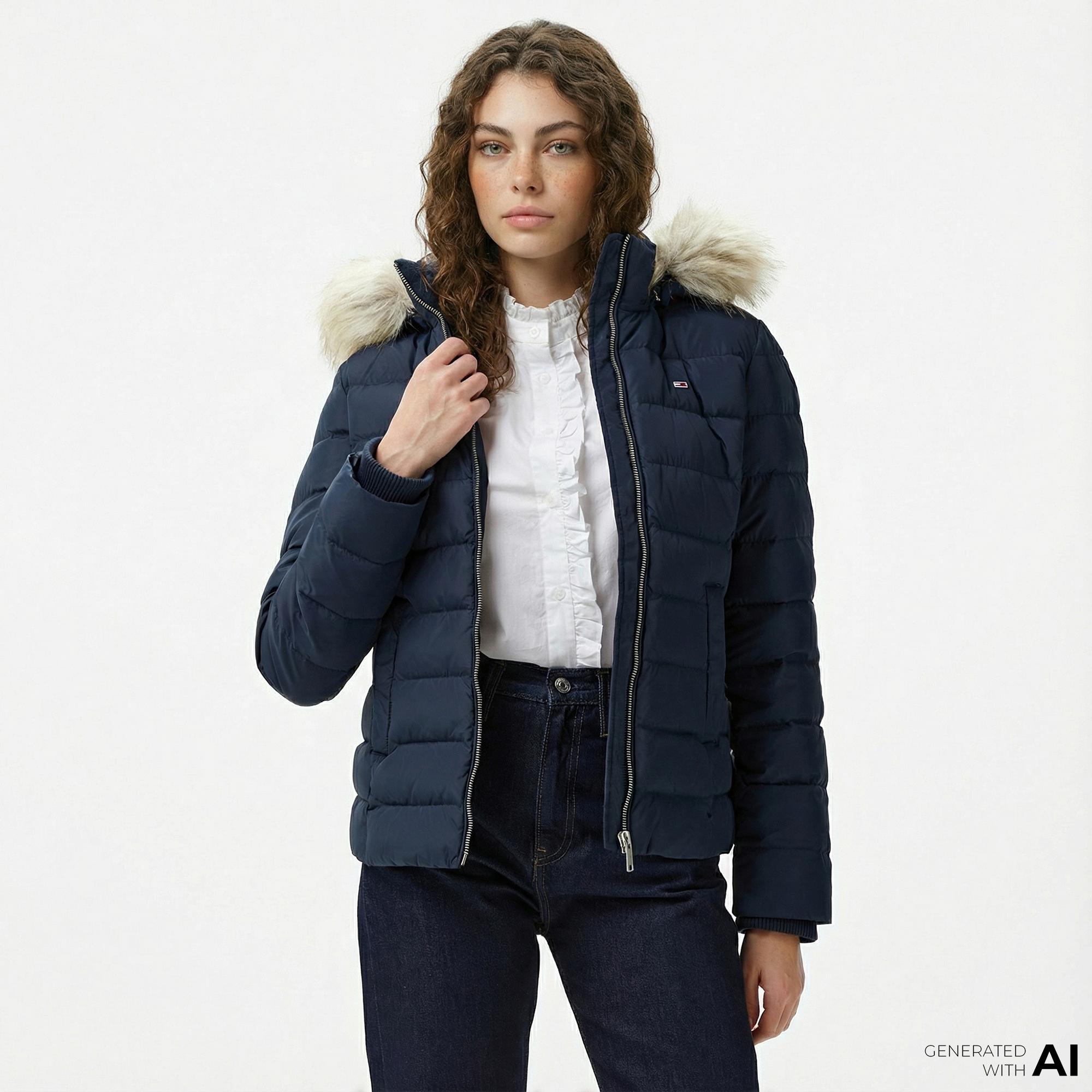 Tommy Hilfiger Basic Hooded Down Kadın Lacivert Puffer Mont