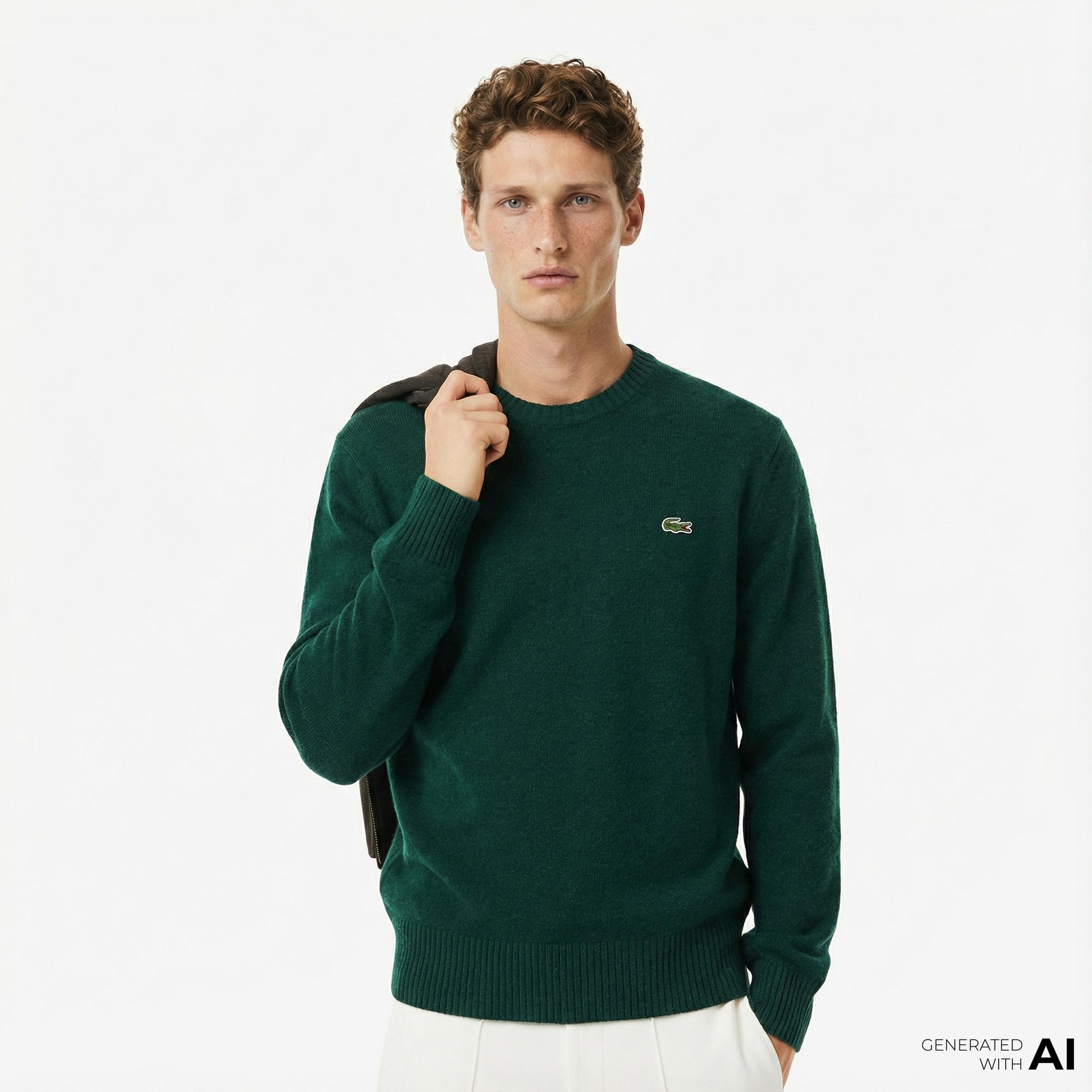 Lacoste Erkek Classic Fit Bisiklet Yaka Koyu Yeşil Kazak
