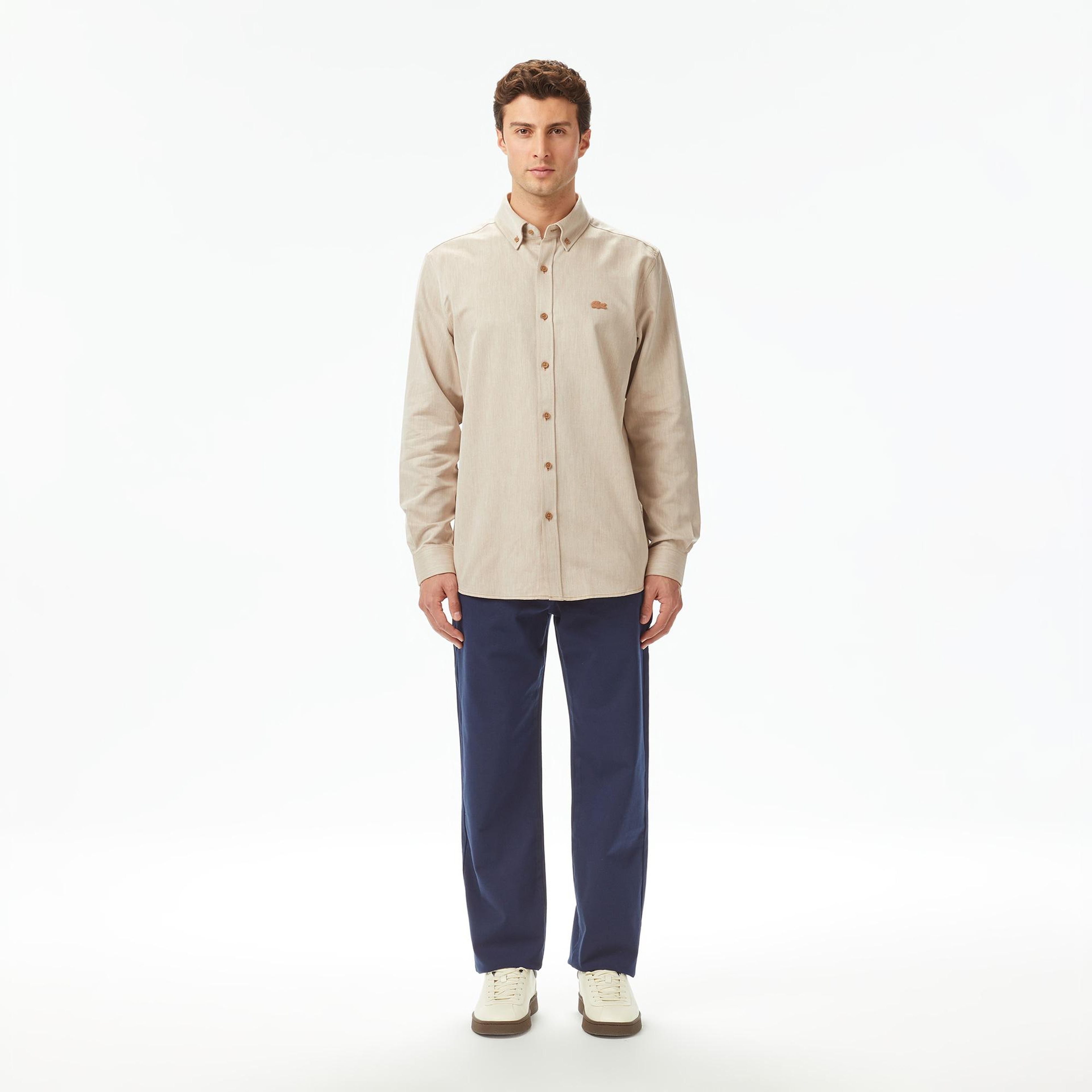 Erkek Regular Fit Düğmeli Yaka Bej Gömlek