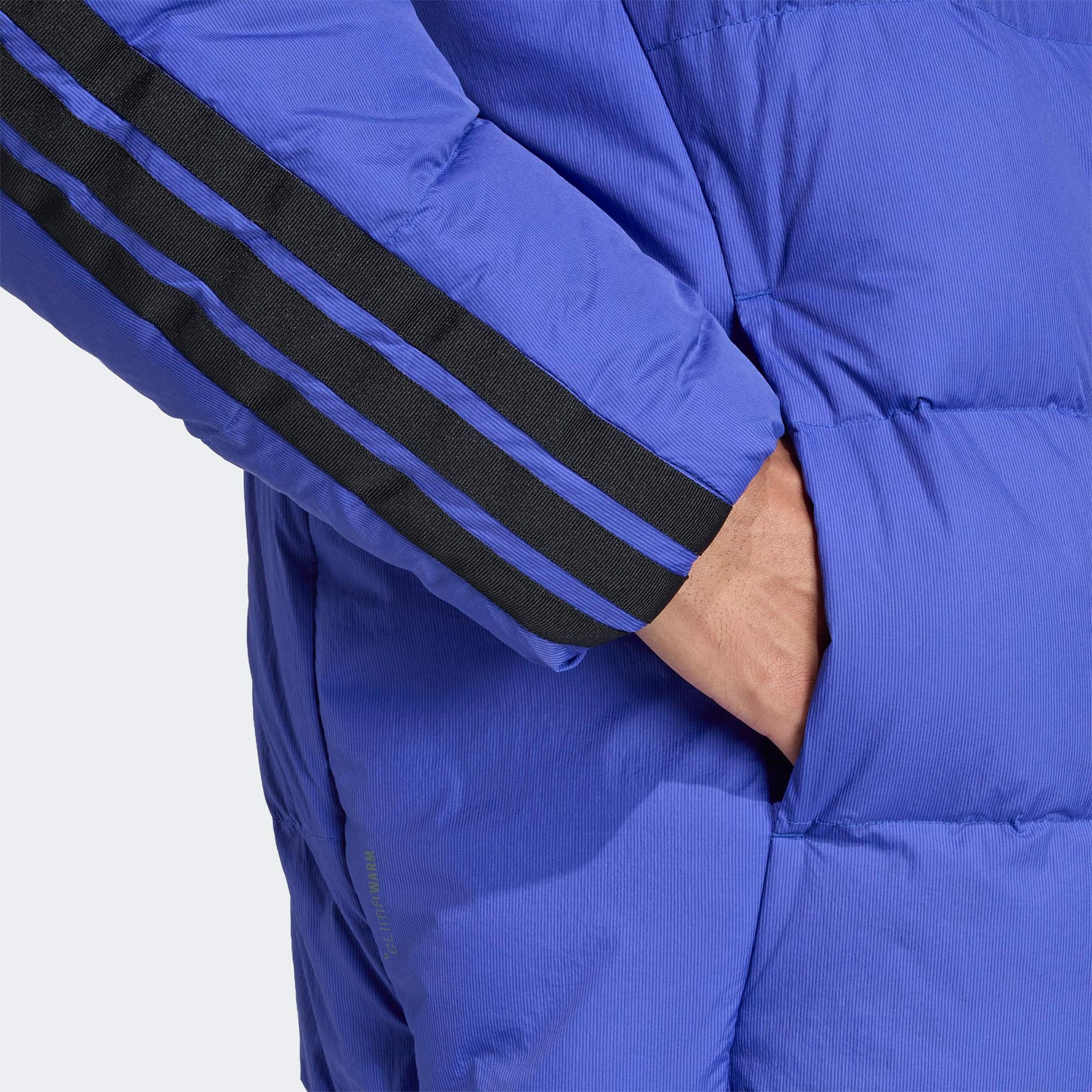 adidas Essentials Climawarm 3 Stripes Puffer Down Kapüşonlu Erkek Mavi Outdoor Montu