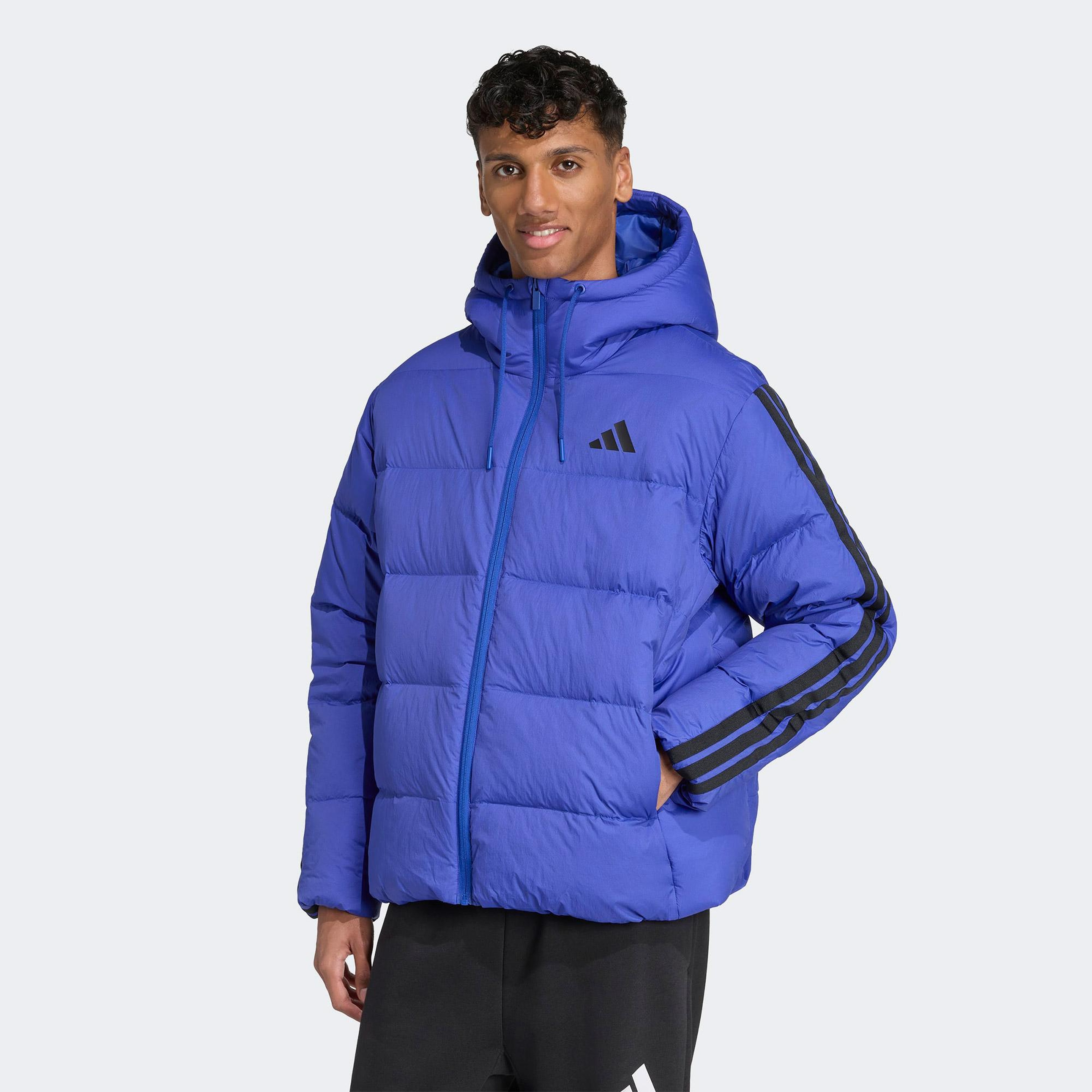 adidas Essentials Climawarm 3 Stripes Puffer Down Kapüşonlu Erkek Mavi Outdoor Montu