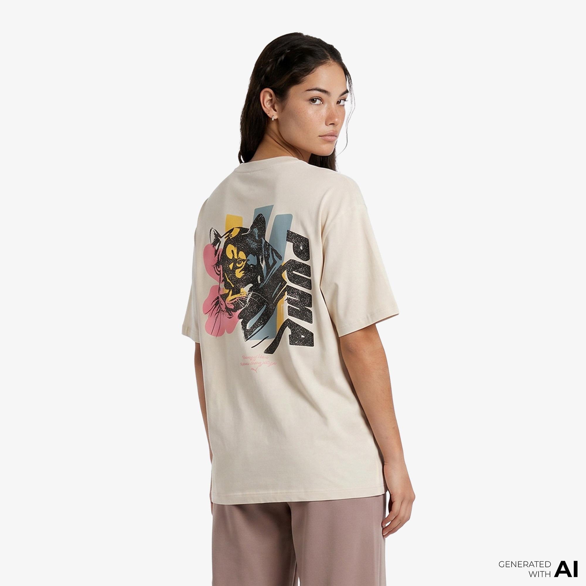 Puma Cat Graphic Kadın Krem Antrenman T-Shirt