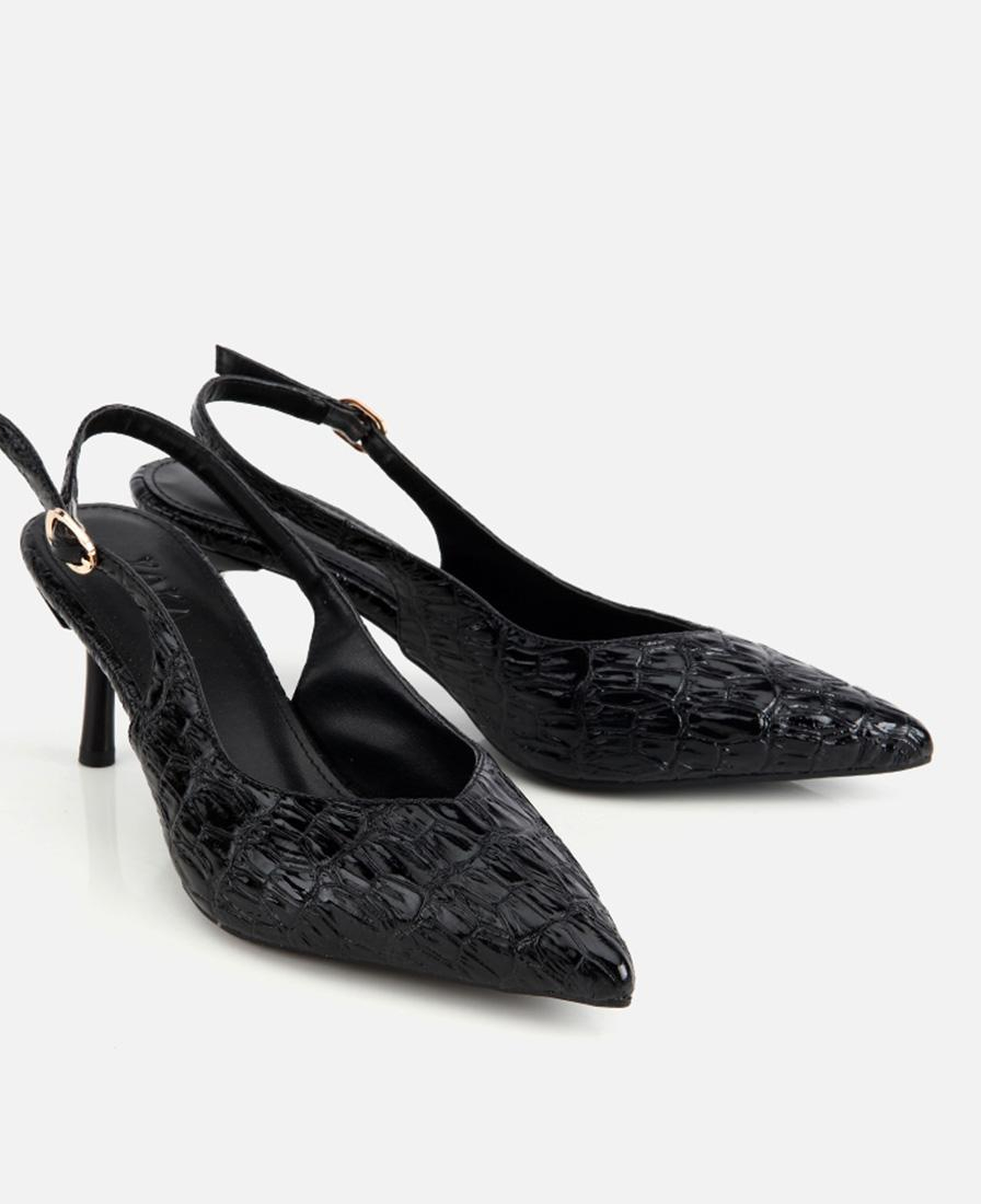 Kadın Siyah Kroko Desenli Arkası Açık İnce Topuklu Stiletto