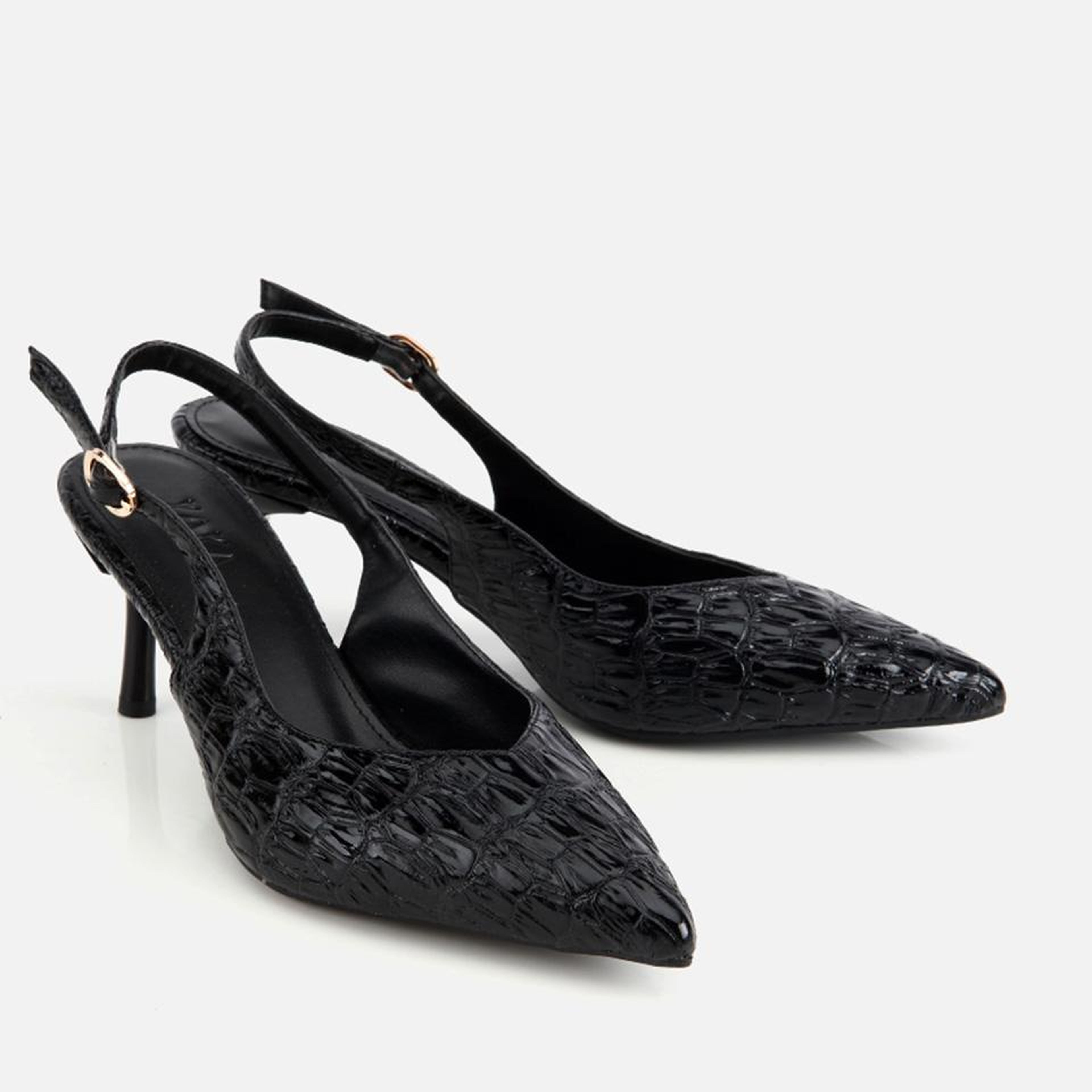 Kadın Siyah Kroko Desenli Arkası Açık İnce Topuklu Stiletto