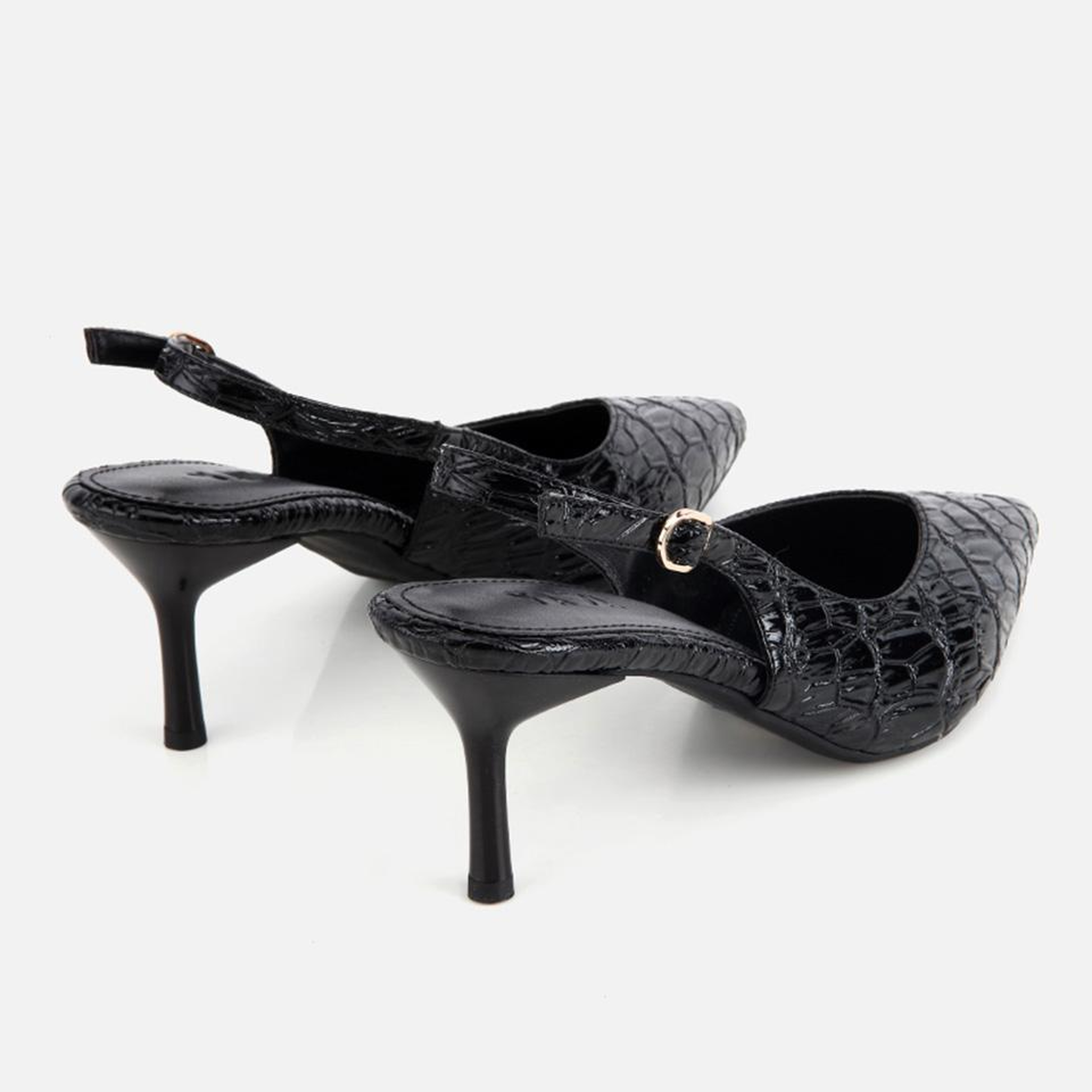 Kadın Siyah Kroko Desenli Arkası Açık İnce Topuklu Stiletto