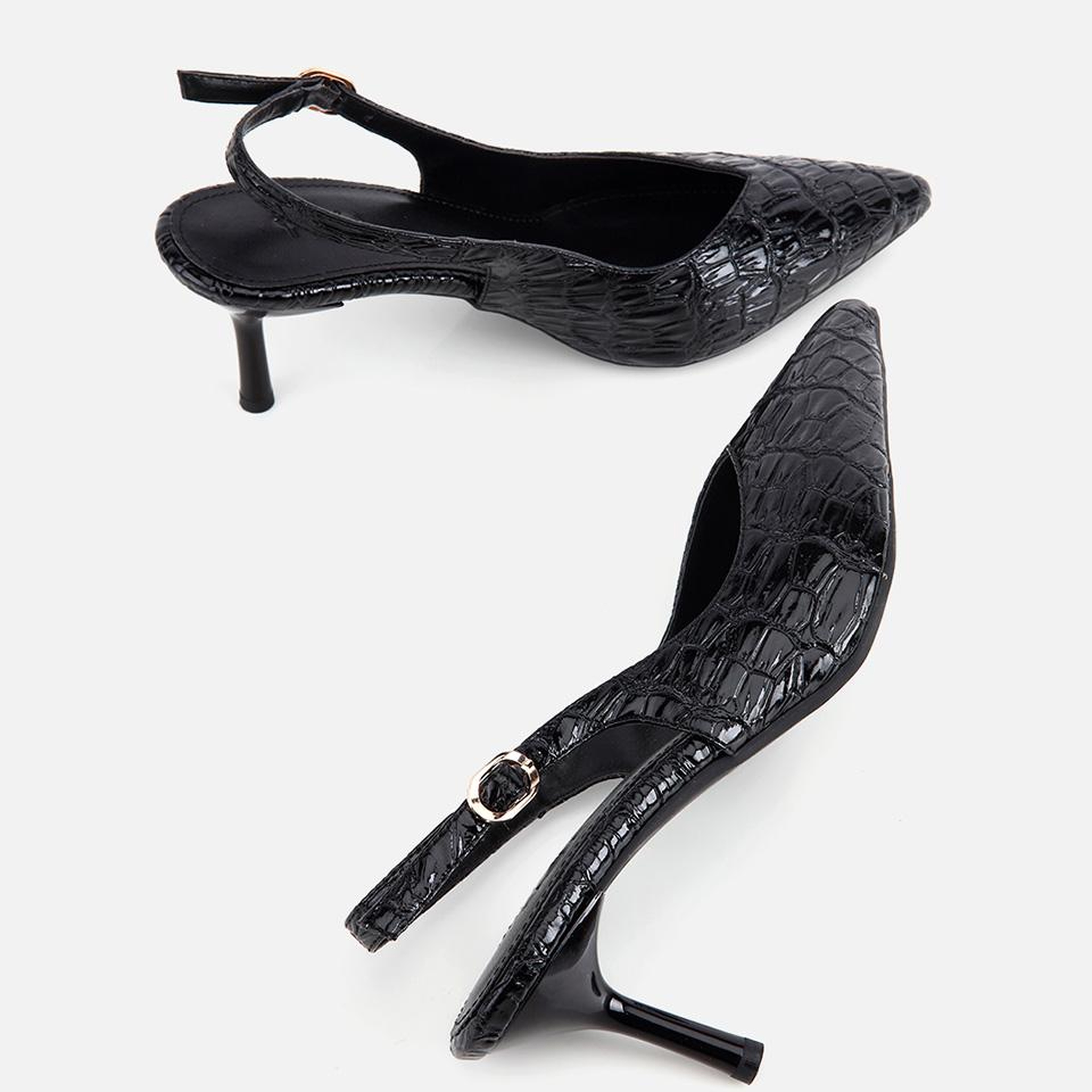 Kadın Siyah Kroko Desenli Arkası Açık İnce Topuklu Stiletto