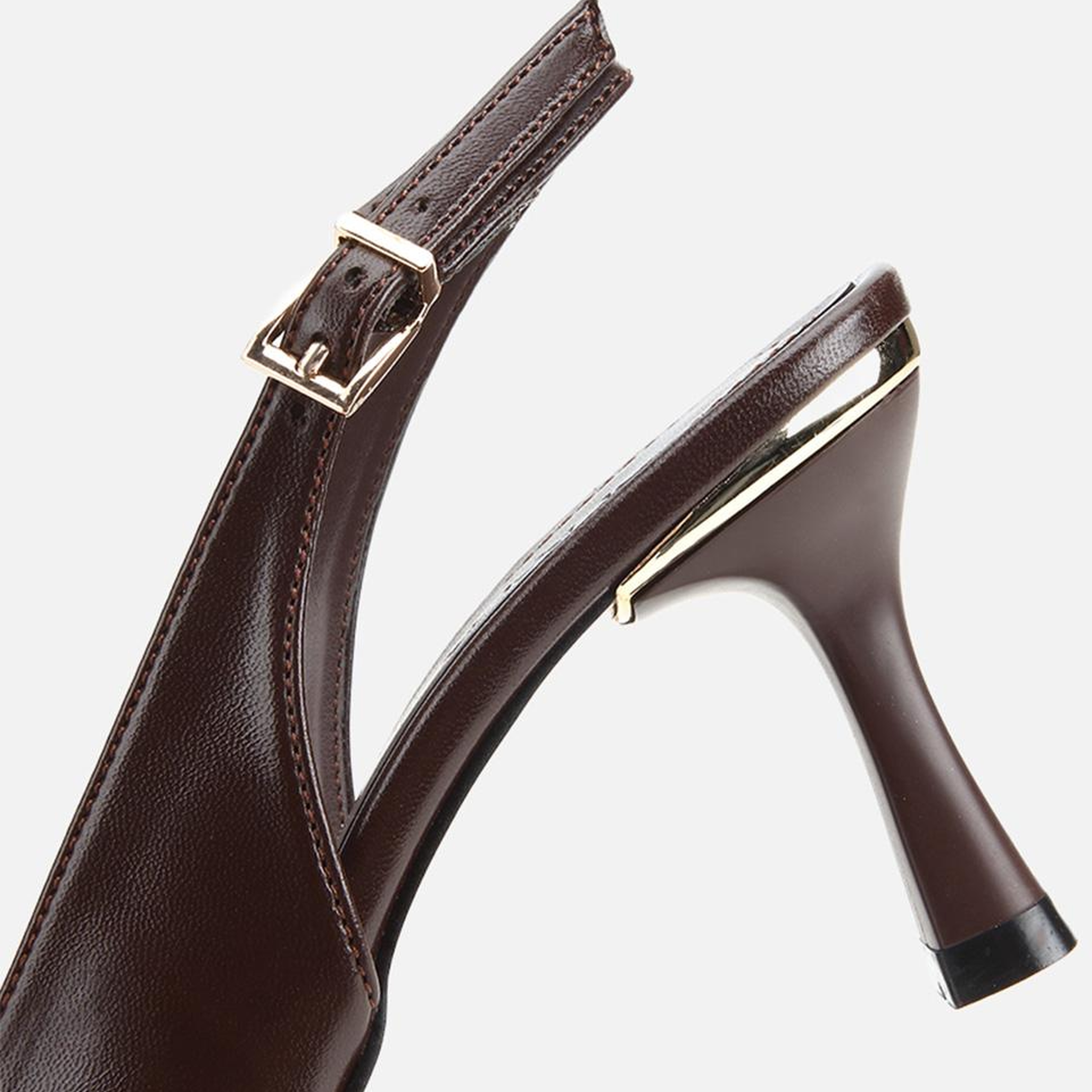 Kadın Kahverengi Sivri Burunlu Tokalı İnce Topuklu Arkası Açık Stiletto