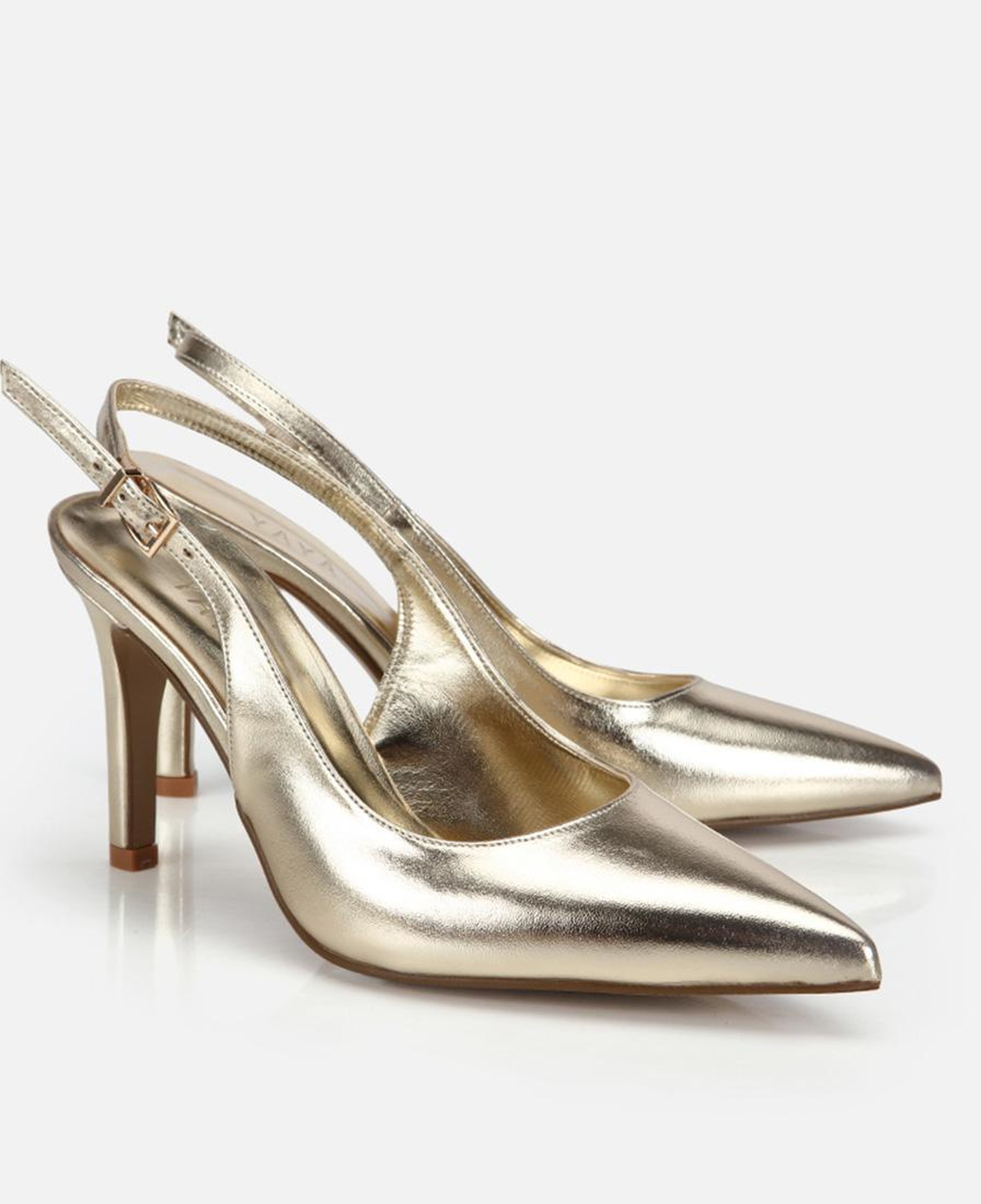 Kadın Gold Sivri Burunlu İnce Topuklu Arkası Açık Stiletto