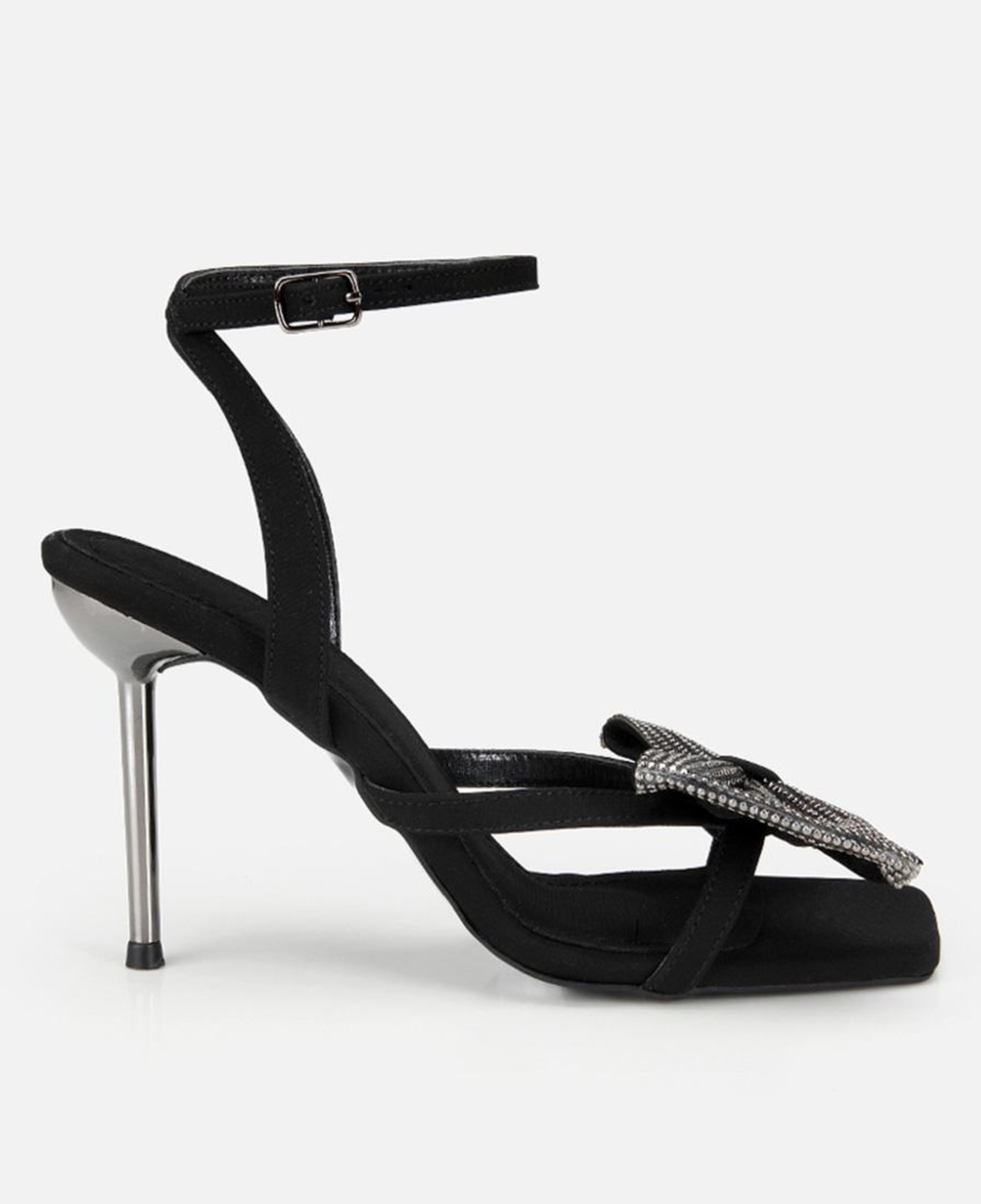 Kadın Siyah Taşlı Fiyonk Detaylı İnce Topuklu Stiletto