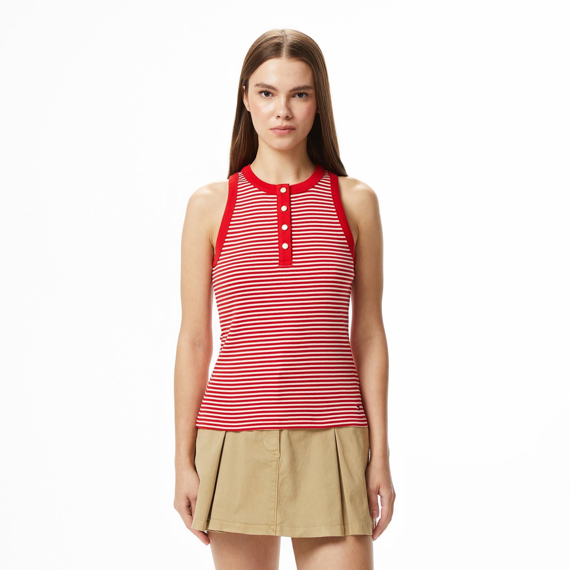 Tommy Hilfiger Gold Button Kadın Kırmızı T-Shirt