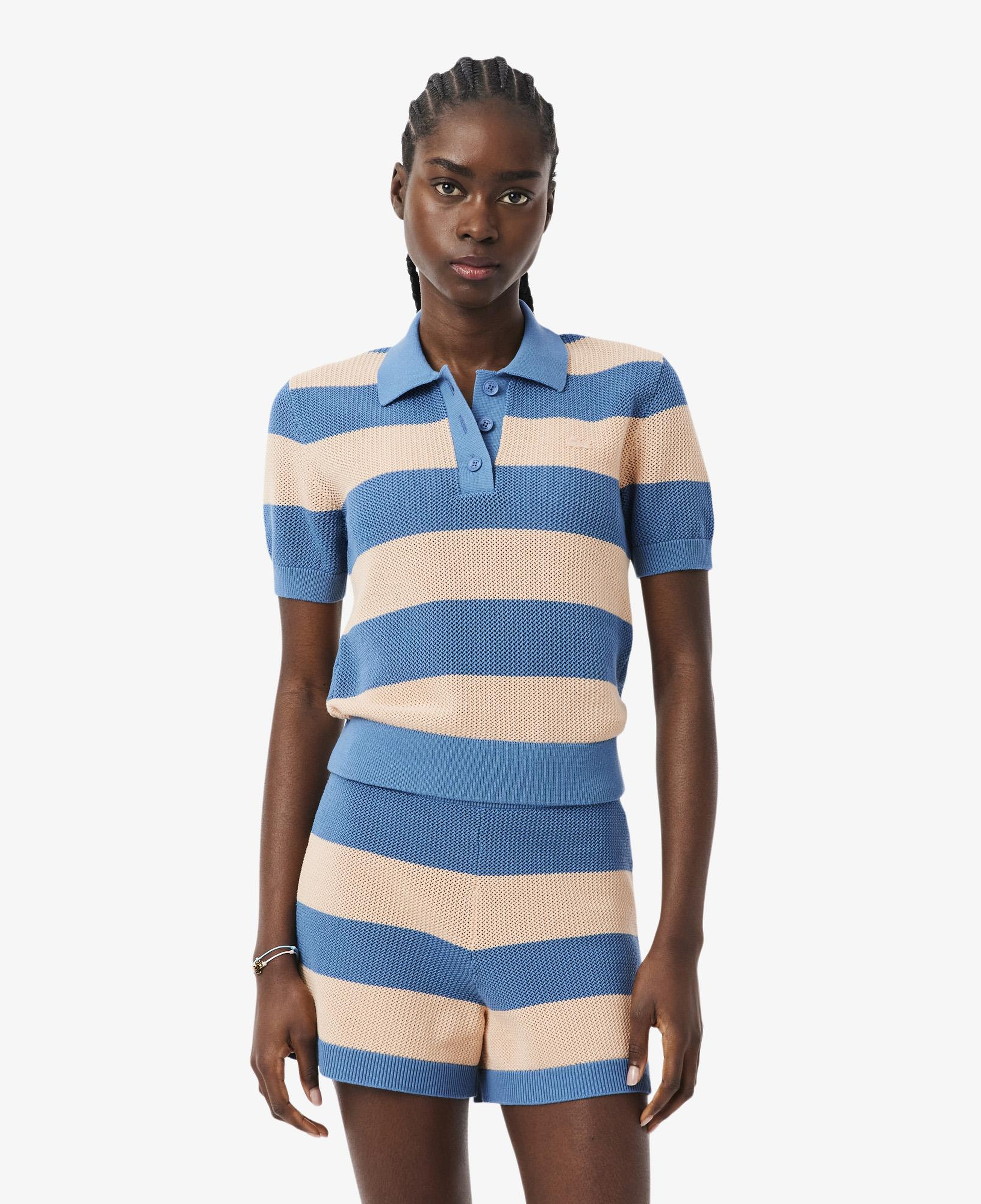 Kadın Regular Fit Kısa Kollu Polo Yaka Çizgili Mavi Bluz