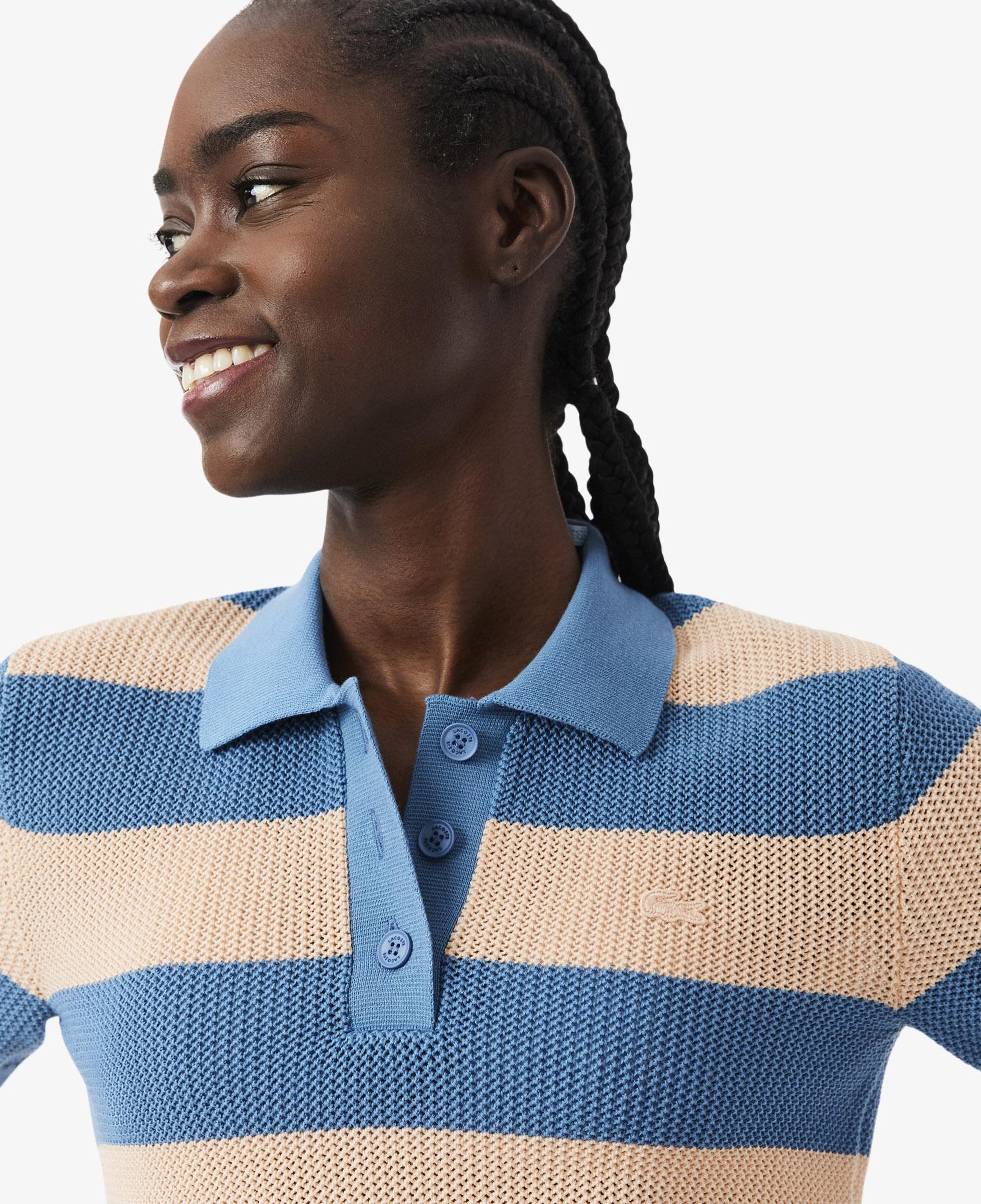 Kadın Regular Fit Kısa Kollu Polo Yaka Çizgili Mavi Bluz