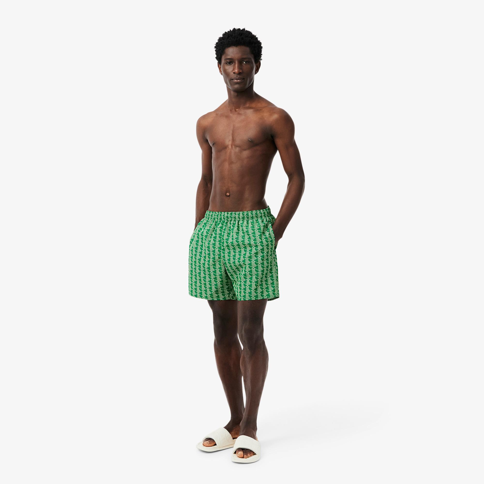 Lacoste Mid Monogram Print Swim Erkek Yeşil Deniz Şortu
