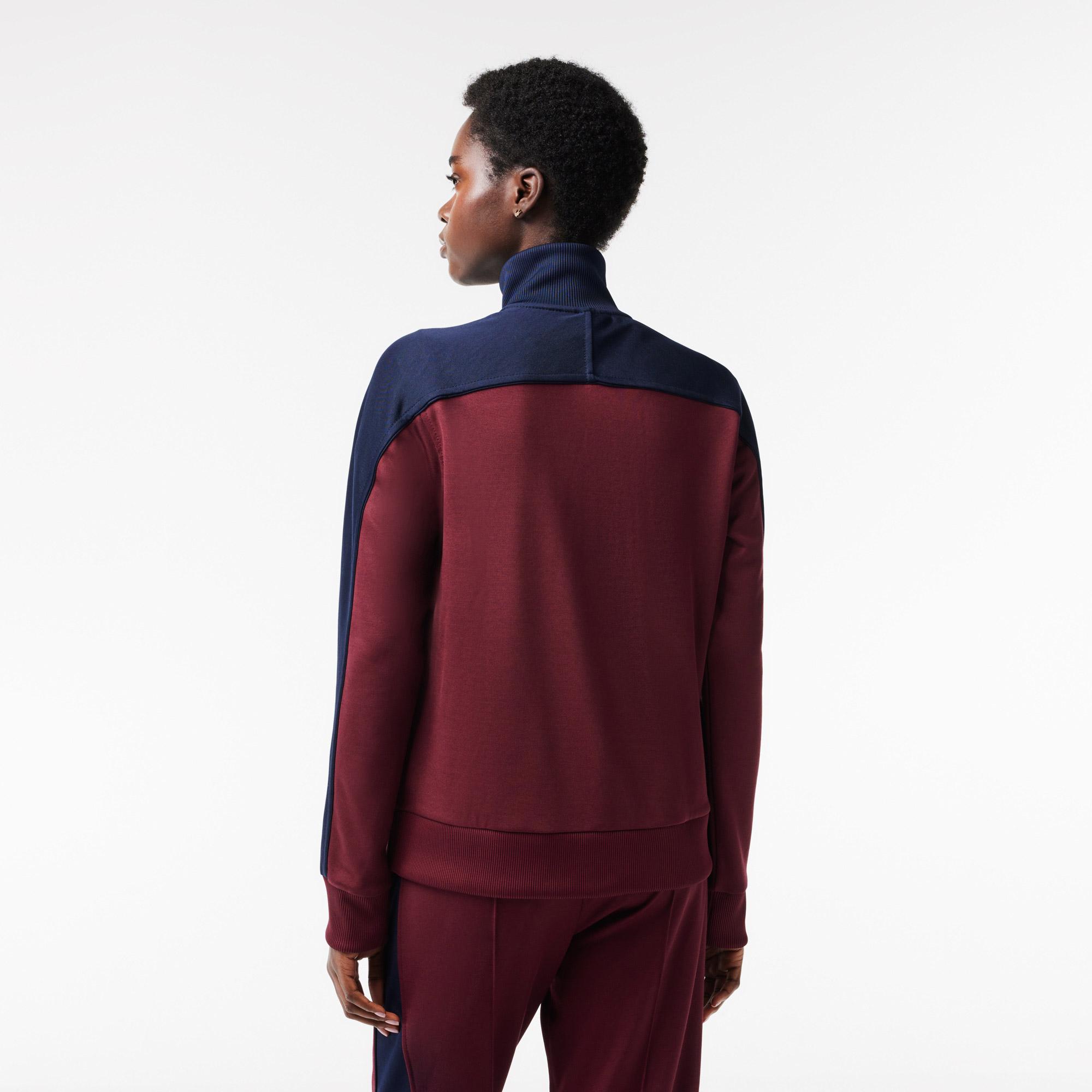 Kadın Regular Fit Fermuarlı Renk Bloklu Bordo Sweatshirt