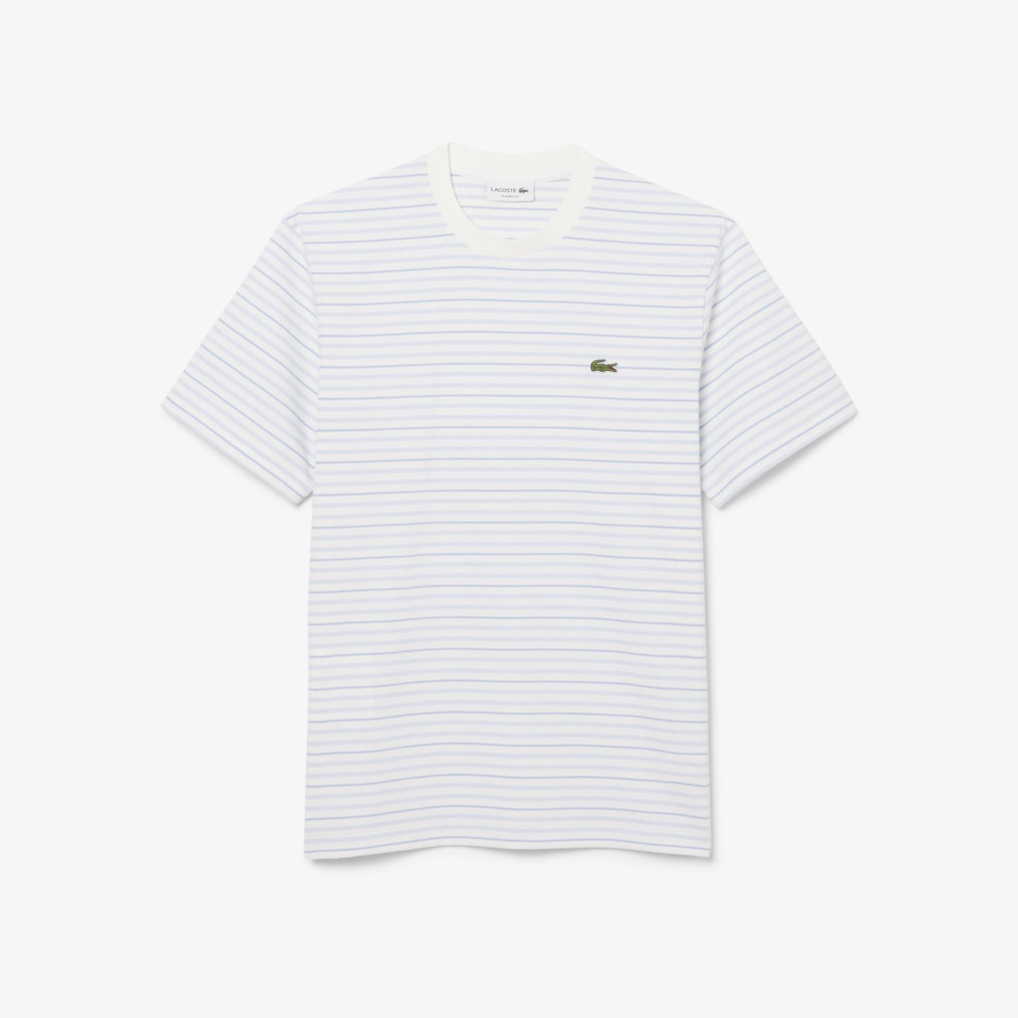 Erkek Classic Fit Bisiklet Yaka Çizgili Beyaz T-Shirt
