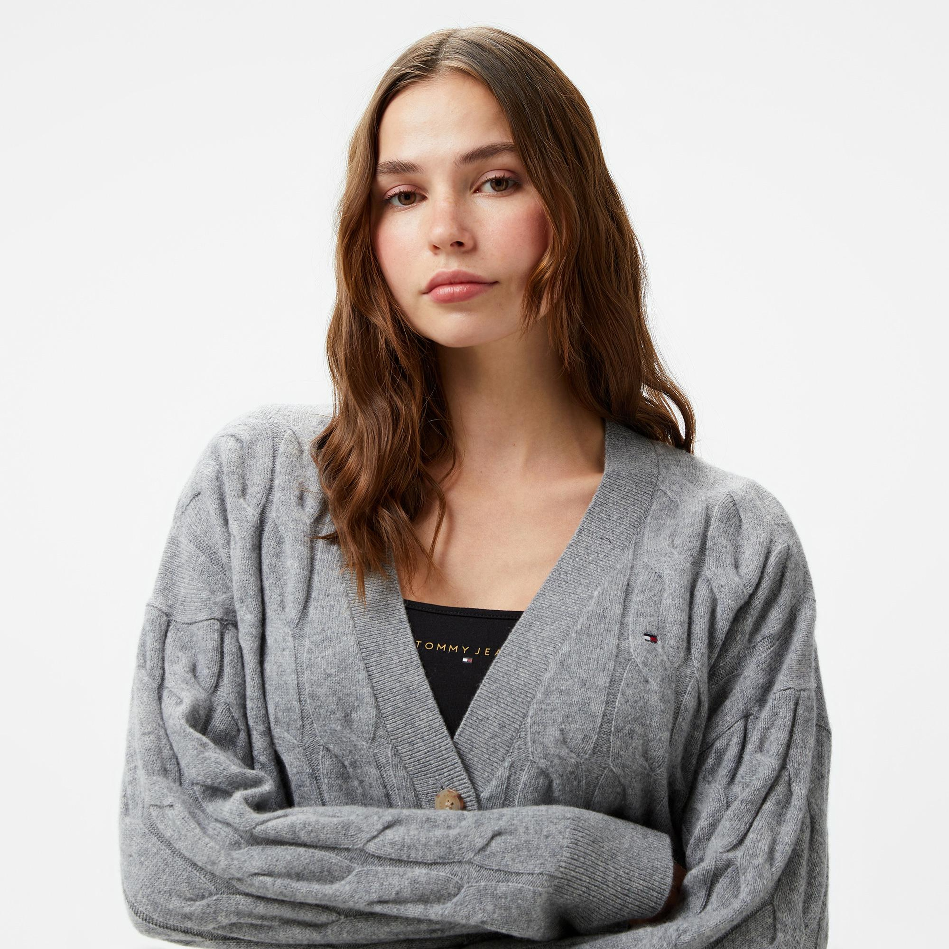 Tommy Hilfiger Soft Wool Cable Kadın Gri Hırka