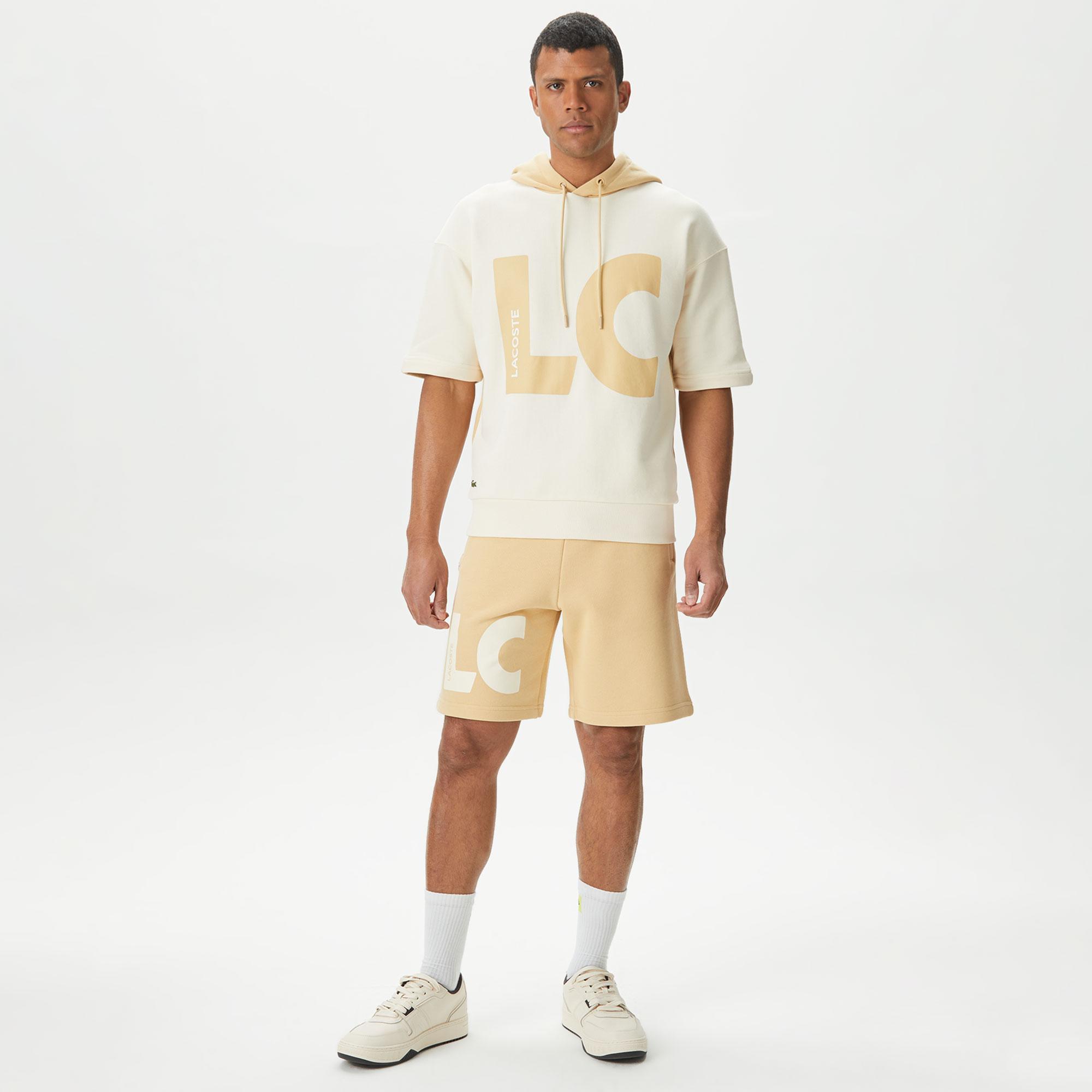 Erkek Loose Fit Kapüşonlu Baskılı Krem Sweatshirt
