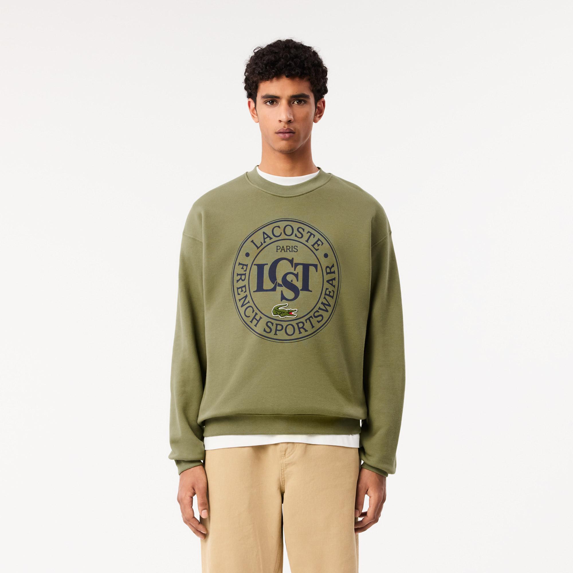 Erkek Loose Fit Bisiket Yaka Baskılı Haki Sweatshirt