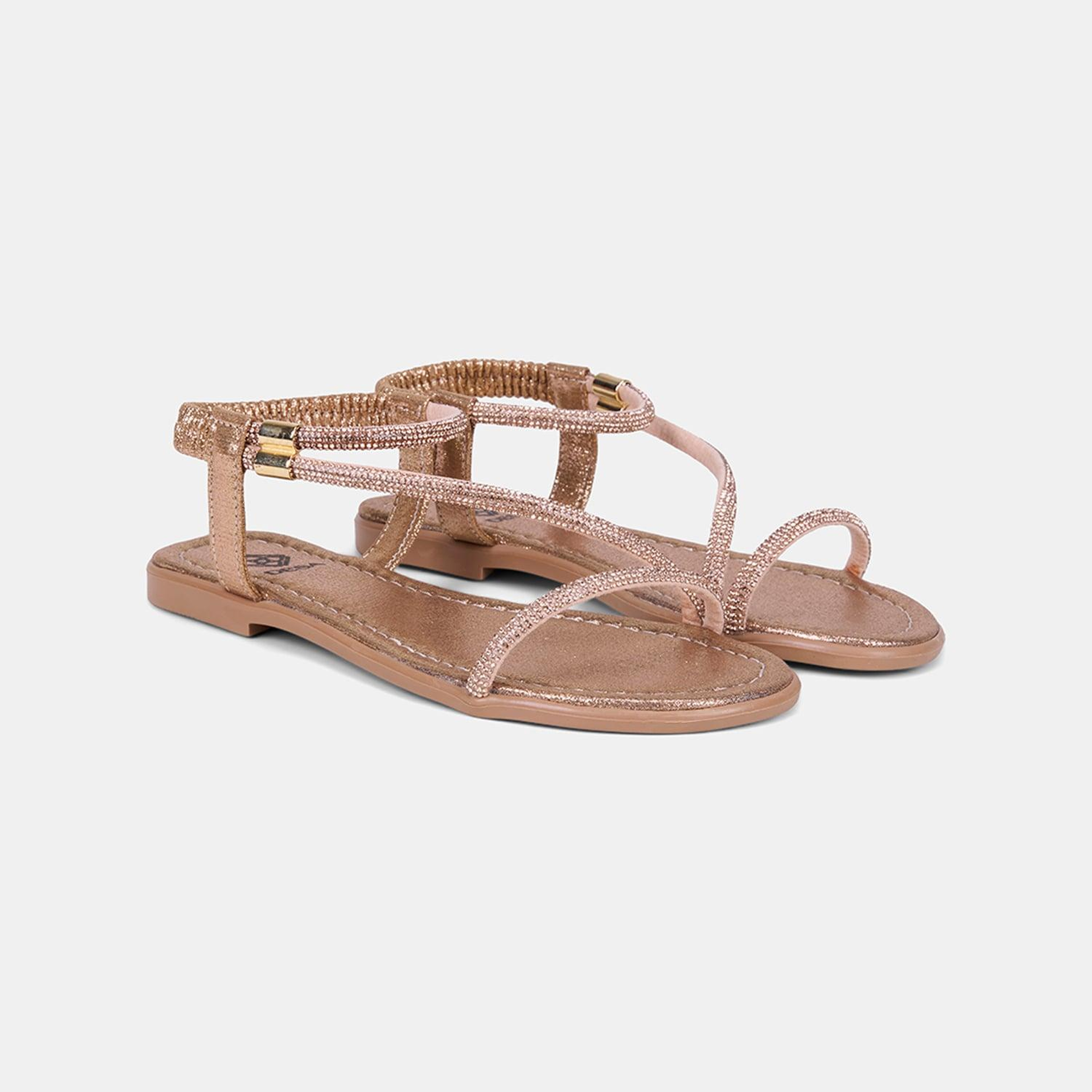 Kadın Rose Gold Arkası Lastikli Taş Detaylı İnce Bantlı Sandalet