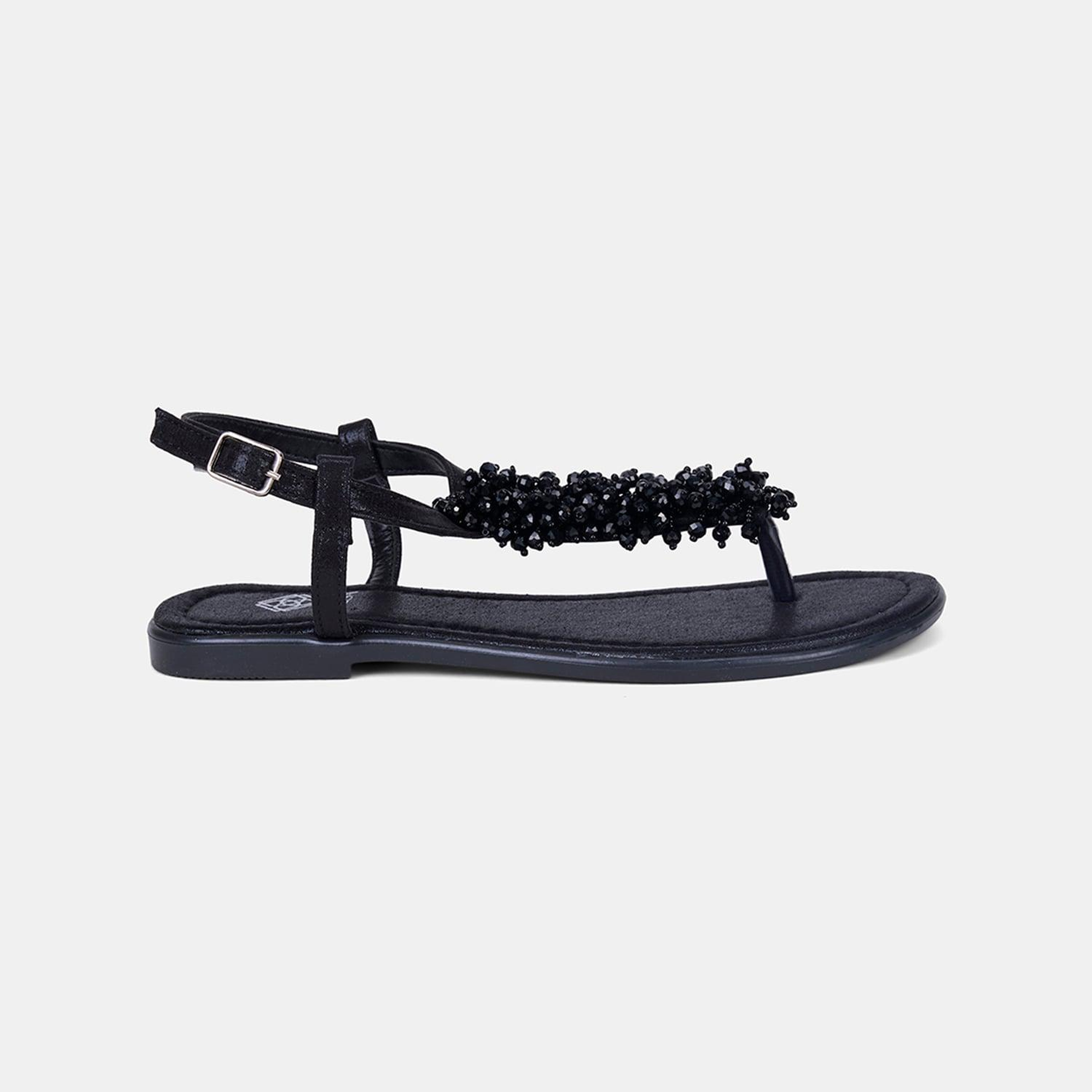Kadın Siyah Boncuk İşlemeli Parmak Arası Sandalet