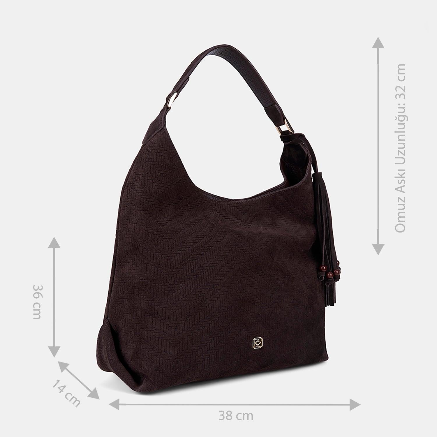Kadın Acı Kahve Örgü Desenli Püsküllü Süet Dokulu Omuz Çantası