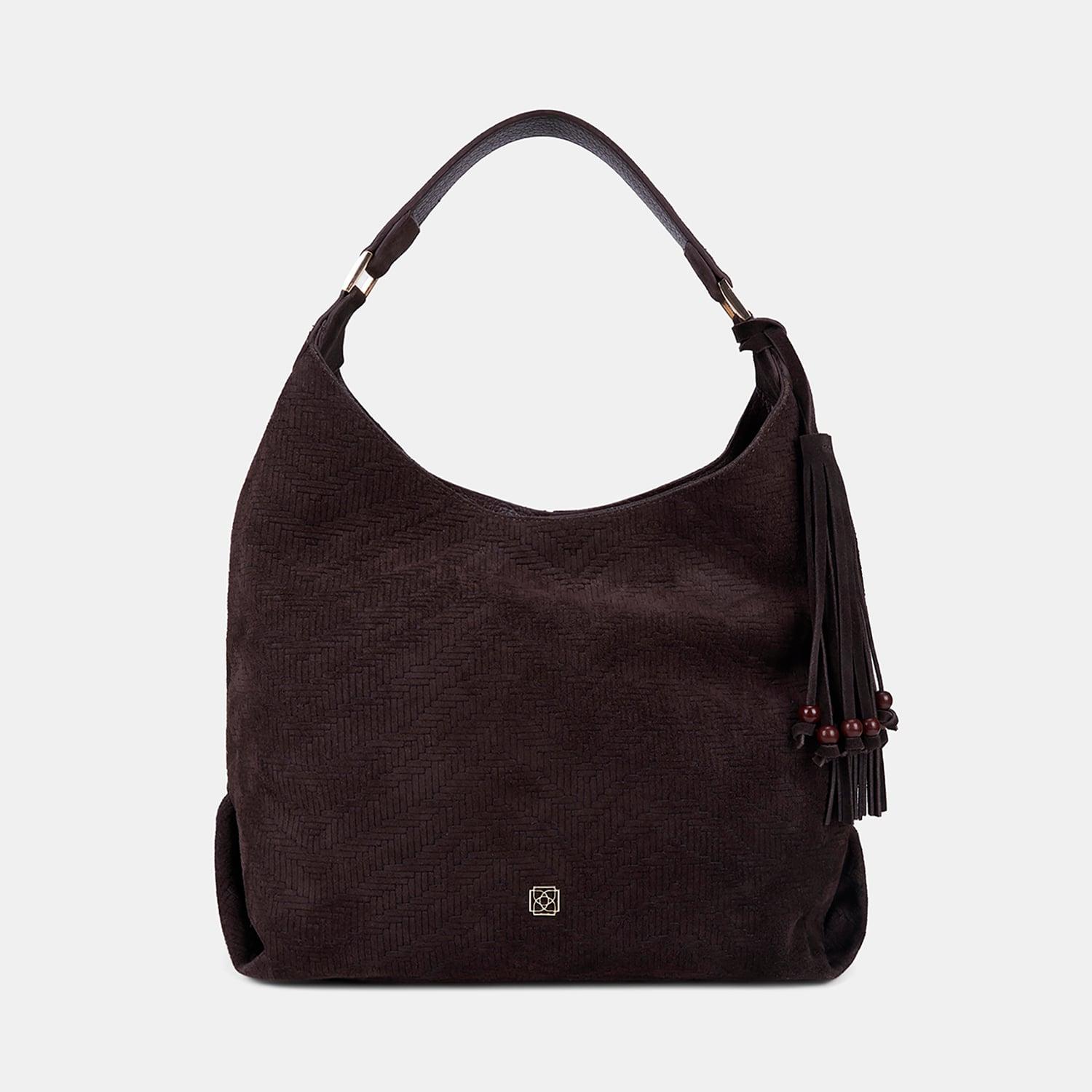 Kadın Acı Kahve Örgü Desenli Püsküllü Süet Dokulu Omuz Çantası