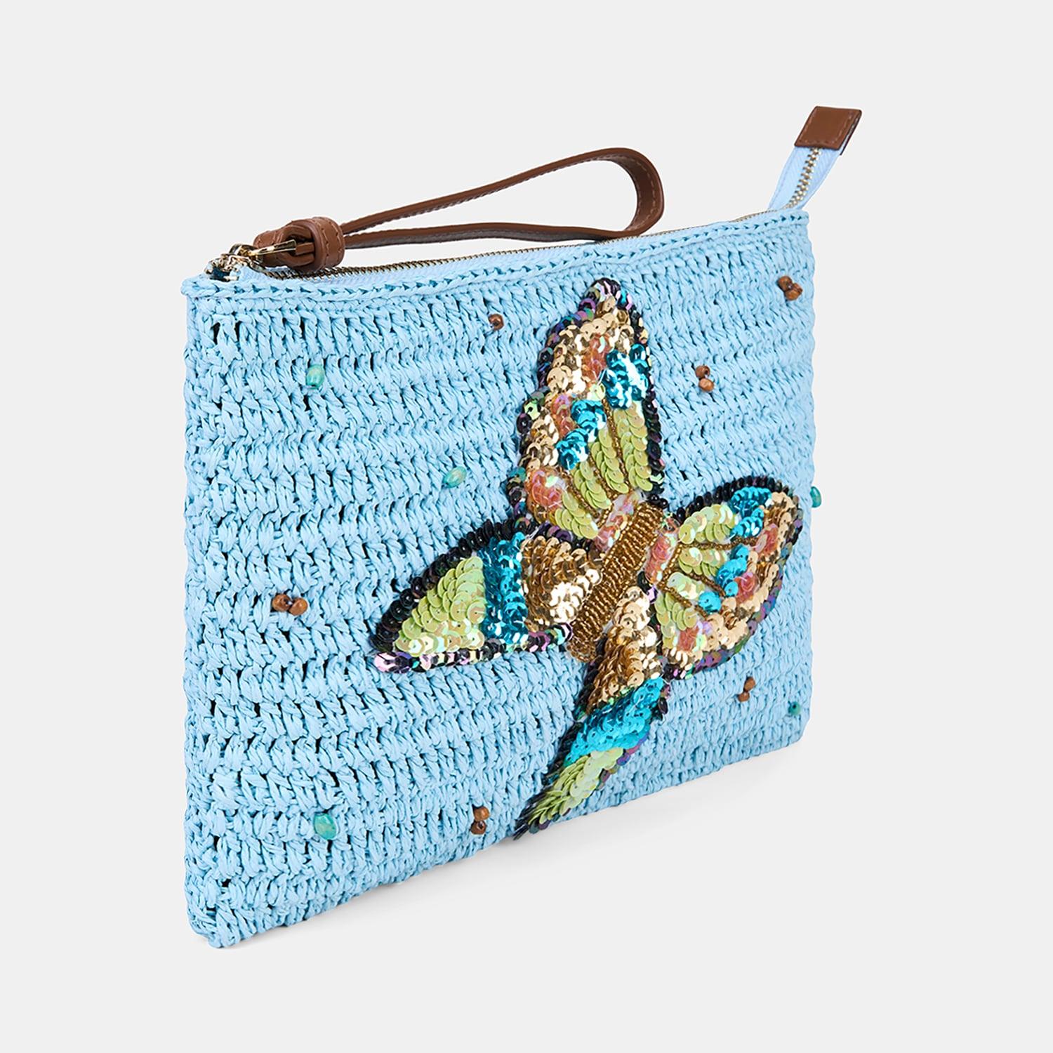 Kadın Mavi Yusufçuk Figürlü Hasır Clutch Çanta