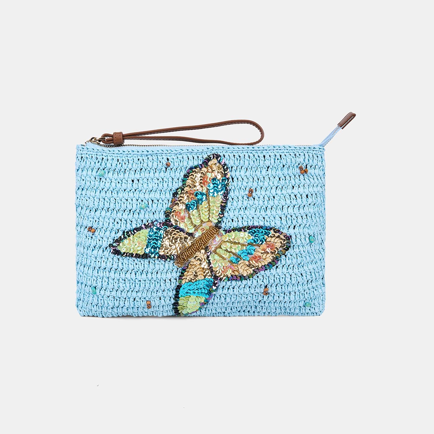 Kadın Mavi Yusufçuk Figürlü Hasır Clutch Çanta