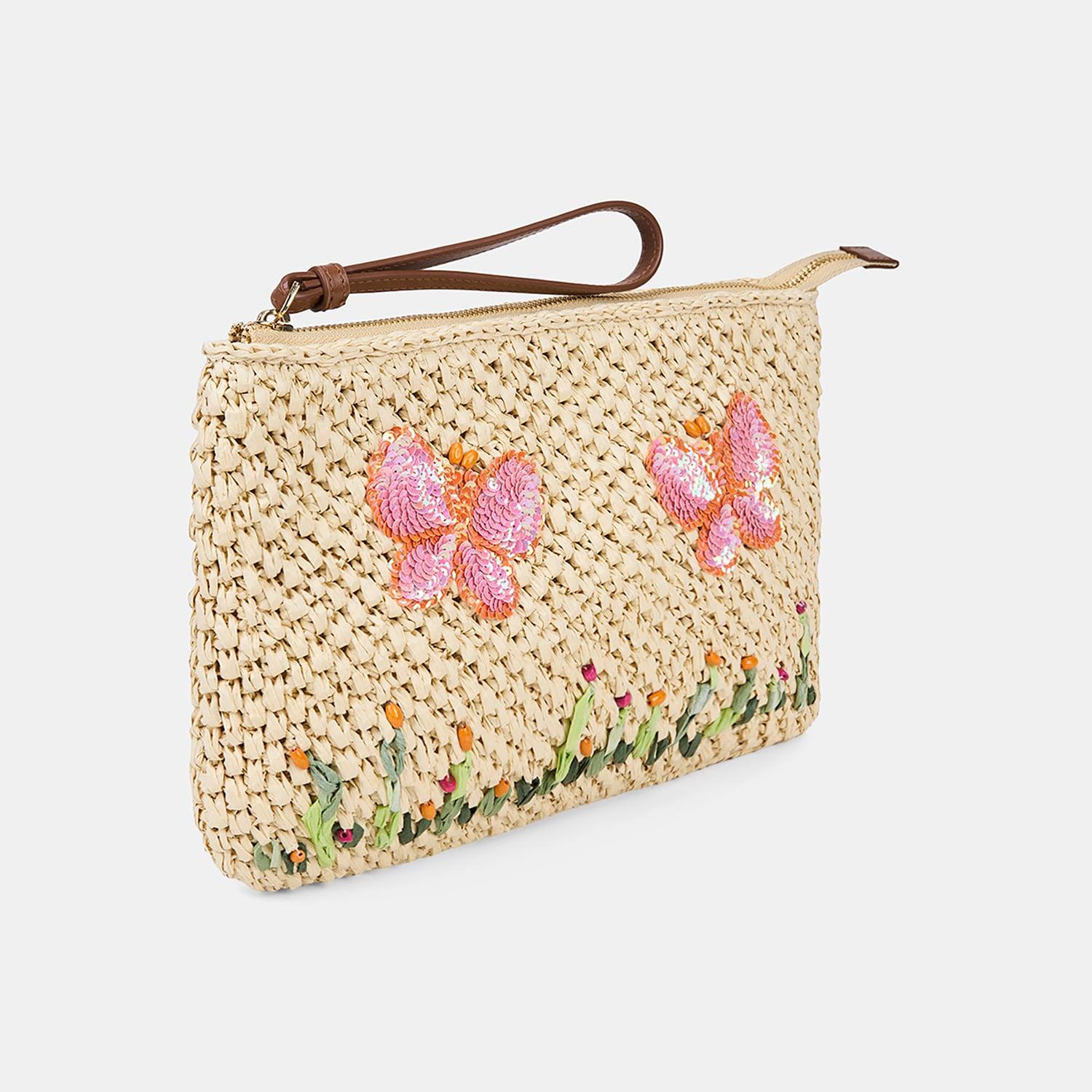 Kadın Bej Kelebek Detaylı Hasır Clutch Çanta