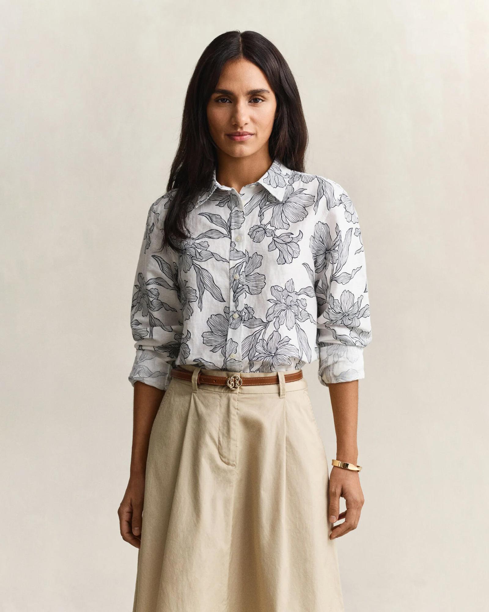 GANT Kadın Beyaz Regular Fit Çiçek Desenli Gömlek