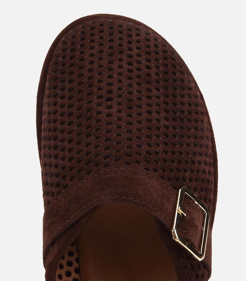 Kadın Süet Deri Kahverengi Delikli Tokalı Düz Terlik