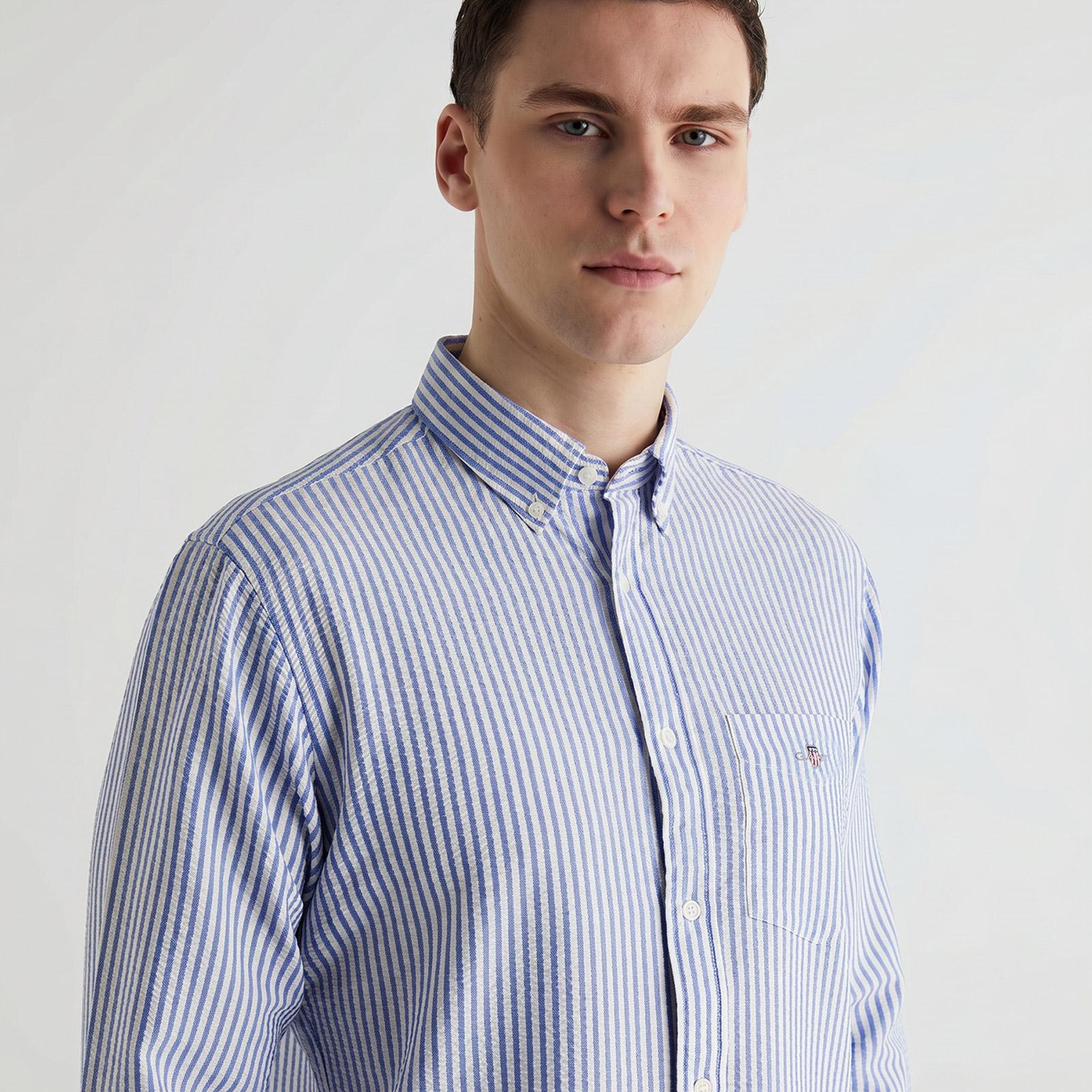 GANT Erkek Mavi Regular Fit Çizgili Logolu Gömlek