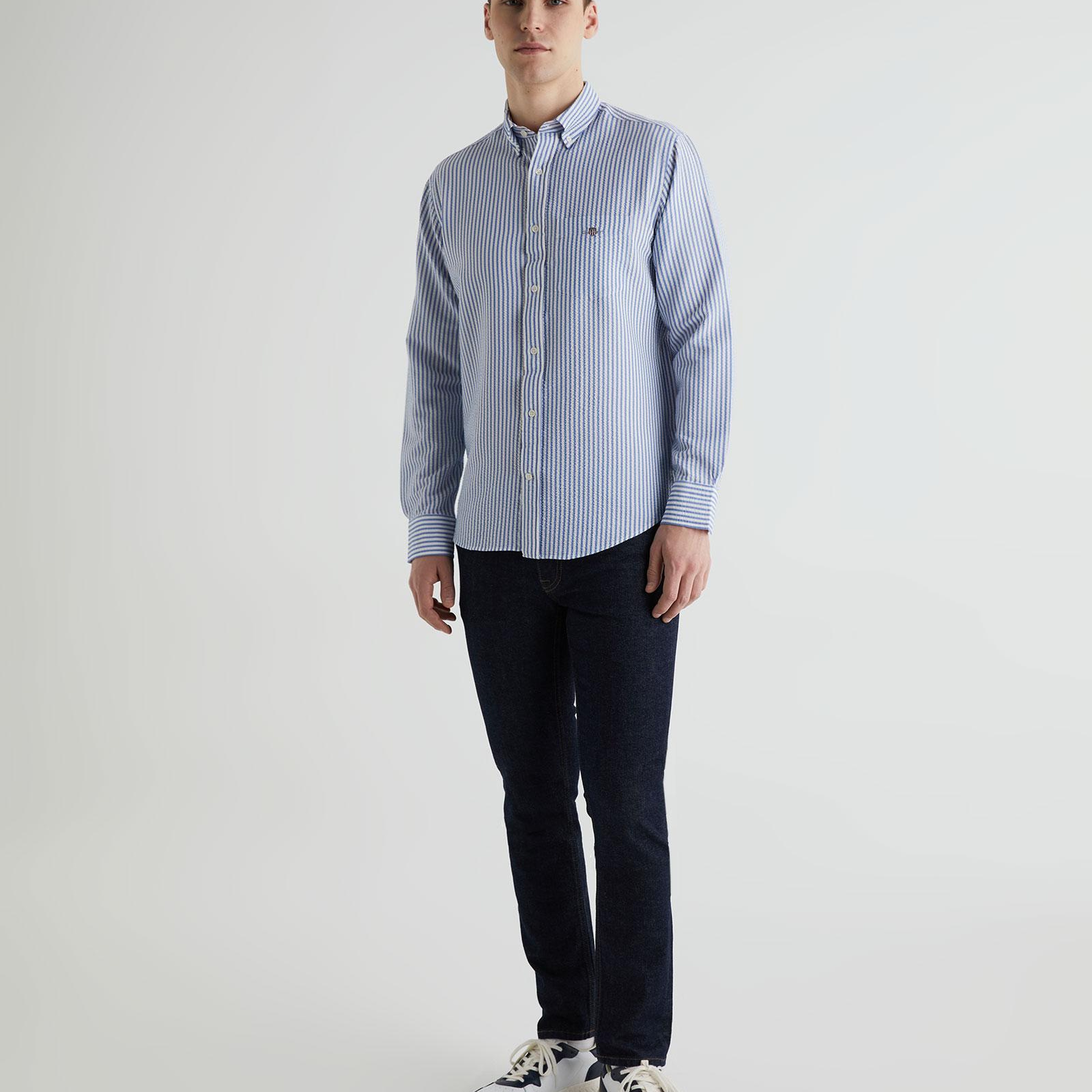 GANT Erkek Mavi Regular Fit Çizgili Logolu Gömlek