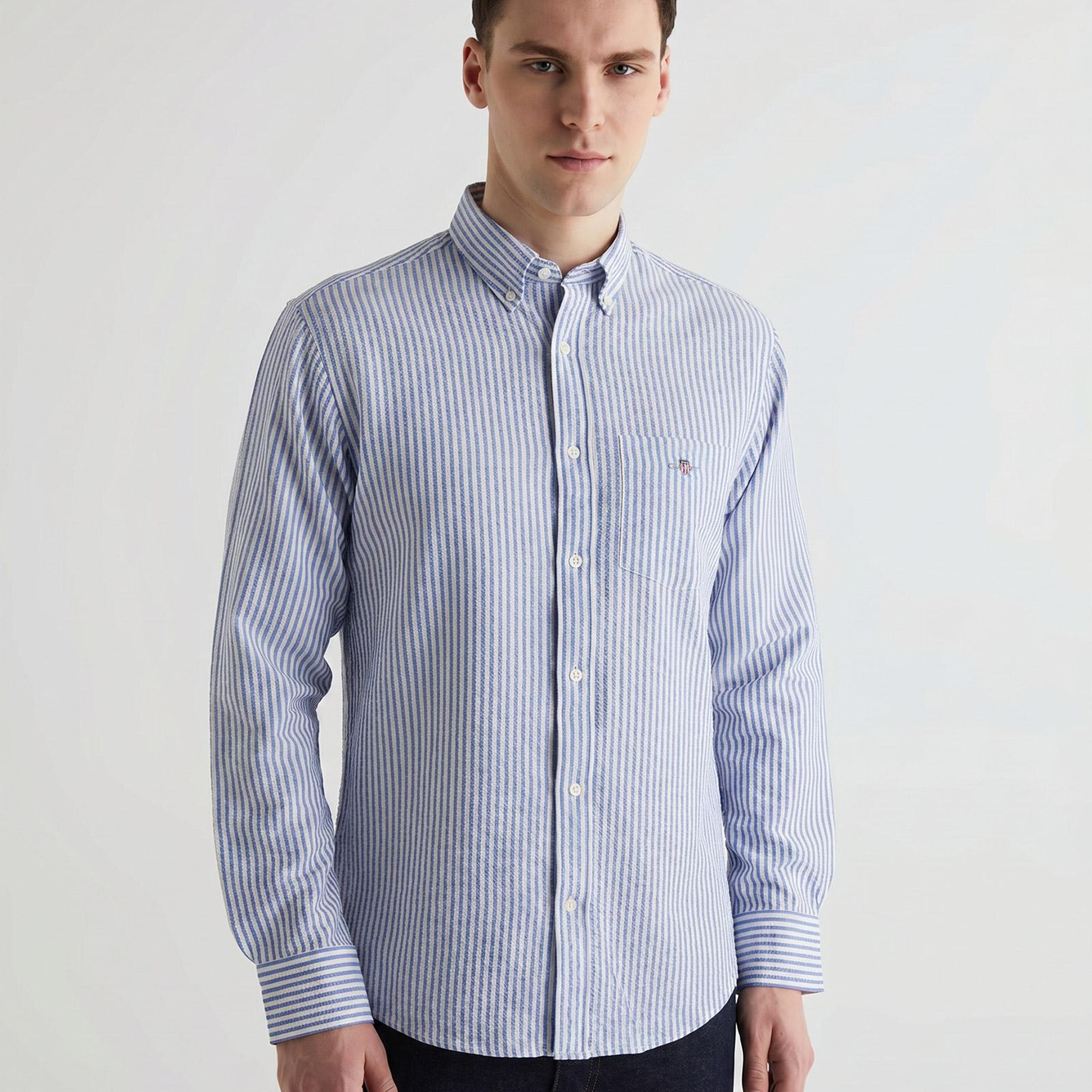 GANT Erkek Mavi Regular Fit Çizgili Logolu Gömlek