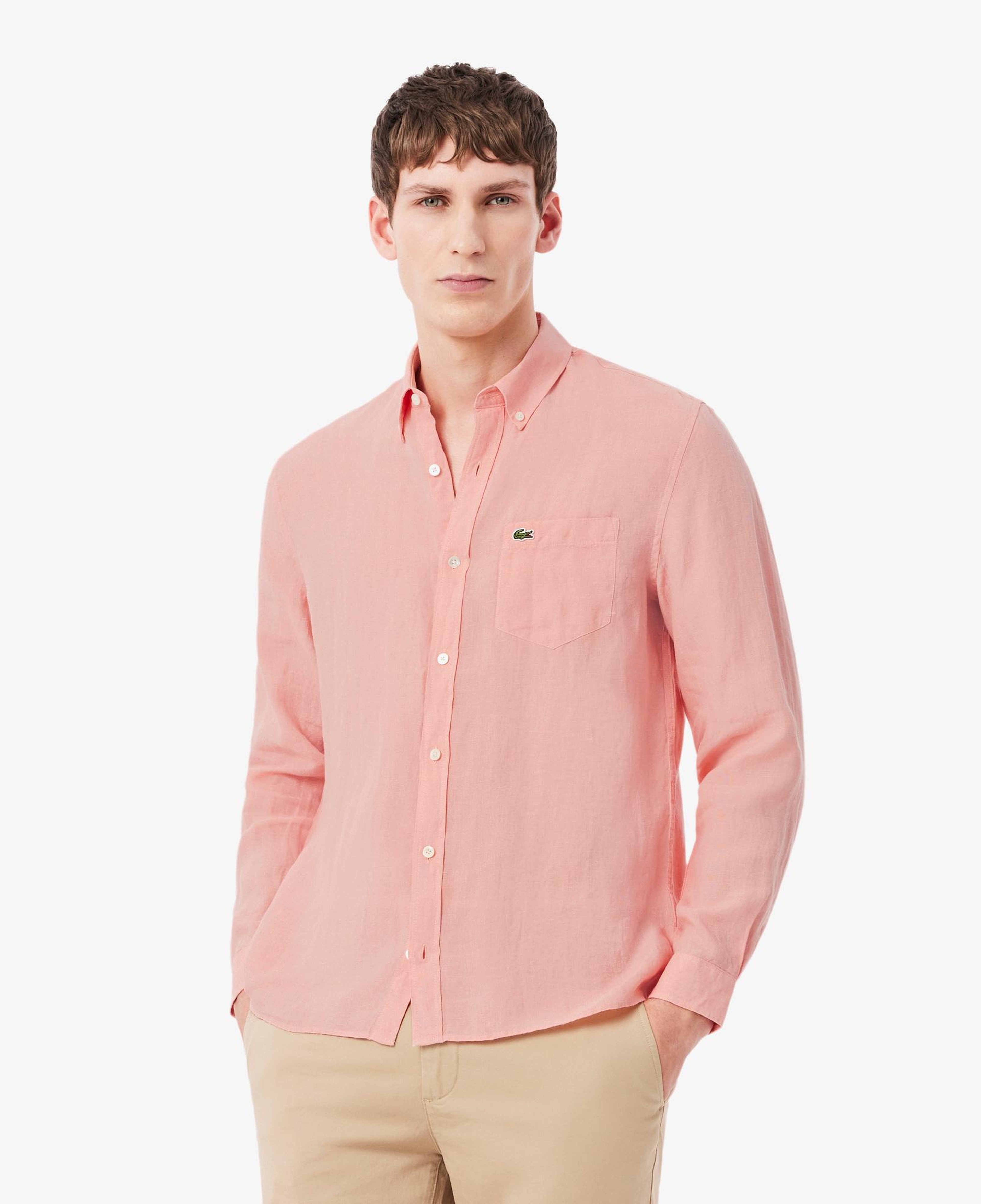 Erkek Regular Fit Düğmeli Yaka Keten Pembe Gömlek
