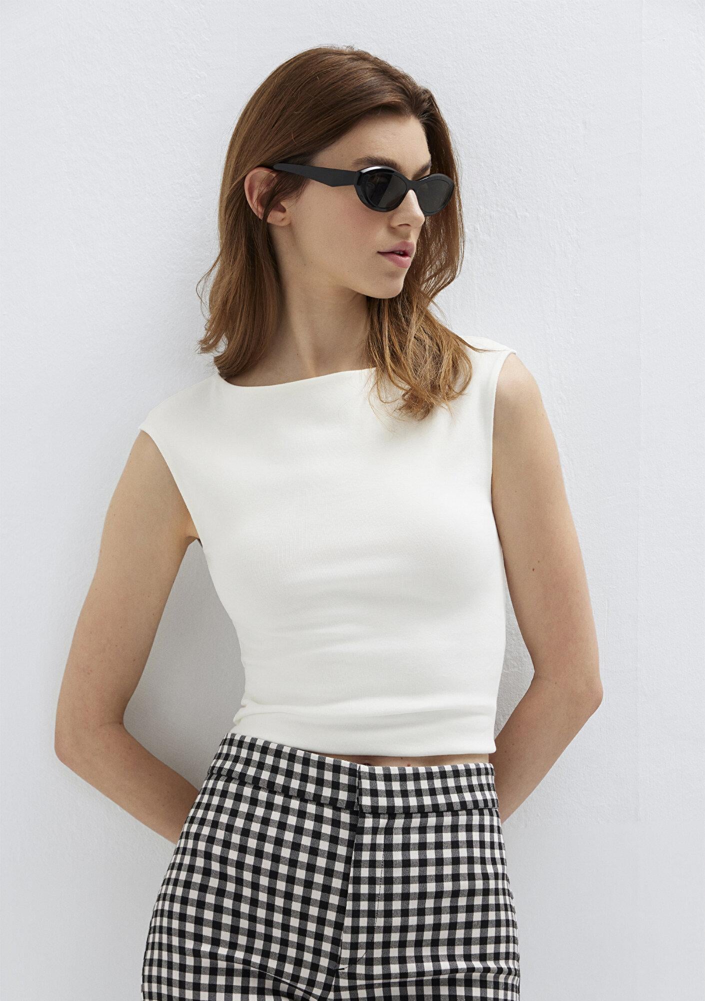 Mavi Ekru Crop Tişört Fitted / Vücuda Oturan Kesim 1614384-70057