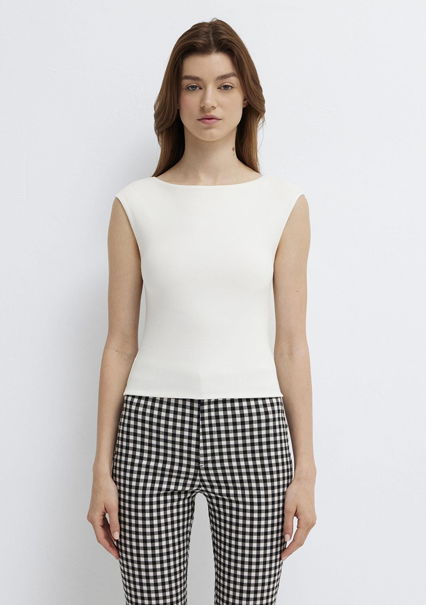 Mavi Ekru Crop Tişört Fitted / Vücuda Oturan Kesim 1614384-70057
