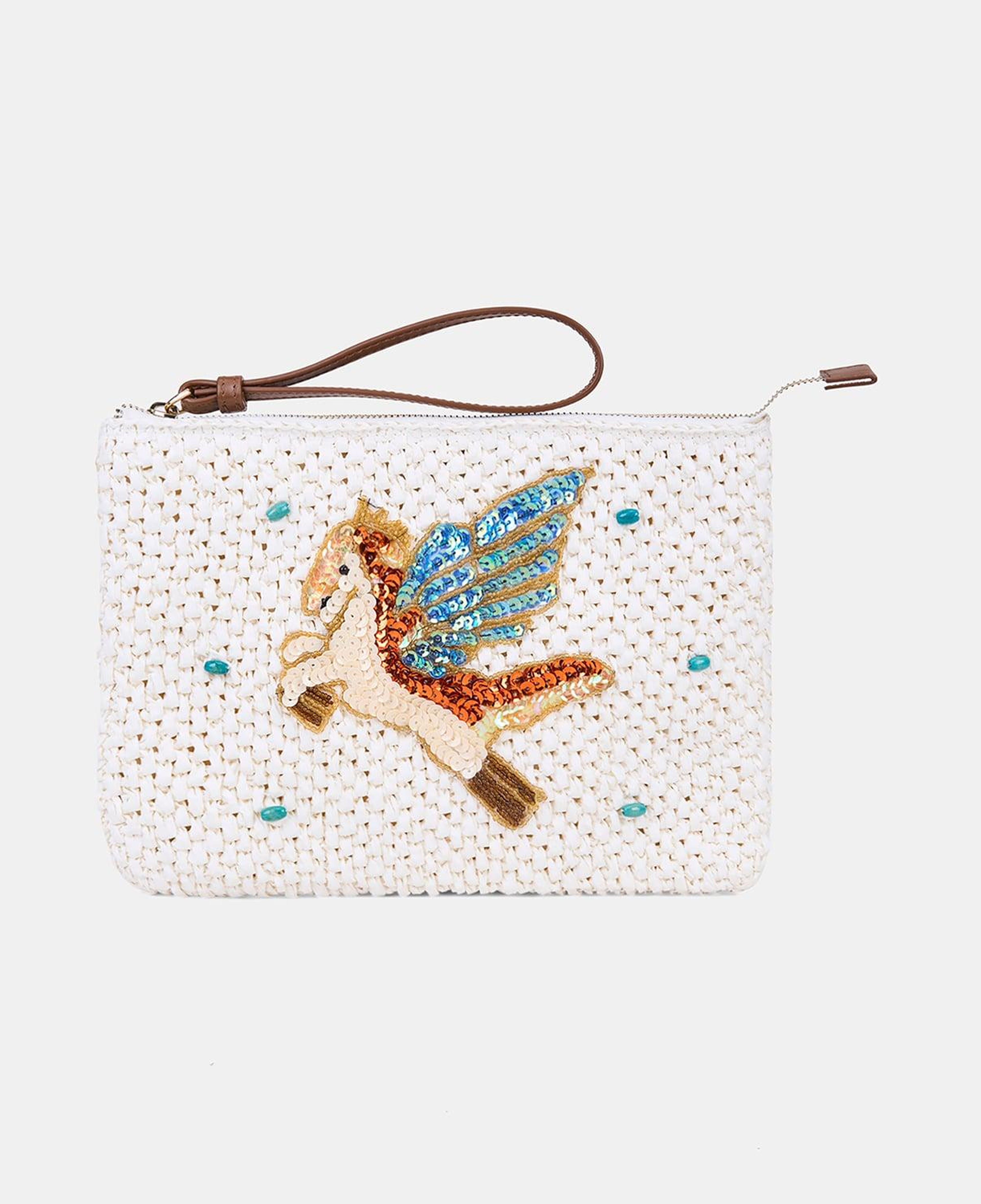 Kadın Beyaz Unicorn Detaylı Hasır Clutch Çanta